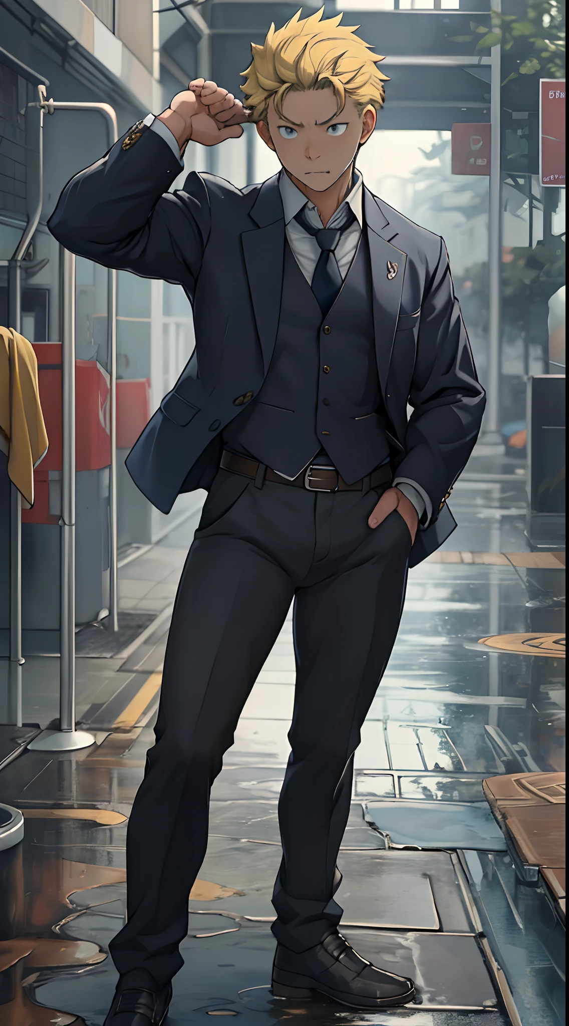 (1 Adult male),A high resolution, Sharp focus, Pixiv masterpiece, ((Complicated details)), highly detailed, natsuki_subaru, 1 man,perfect male figure,Urine on the trouser leg, Nervously bow your head,is shy,embarressed,exhilarated,is shocked,panicking,worry,A pool of urine formed around him,Very eager to pee,Unbearable,Wet yourself,Urine discharge,full bodyesbian,are standing,Tired,decadent, blue color eyes(eyes glowing), Short yellow hair,white shirt,Wear a tie,Wear a belt,trousers,perspire,Drenched,Get wet,pissing,urine flows down the pants,look from down