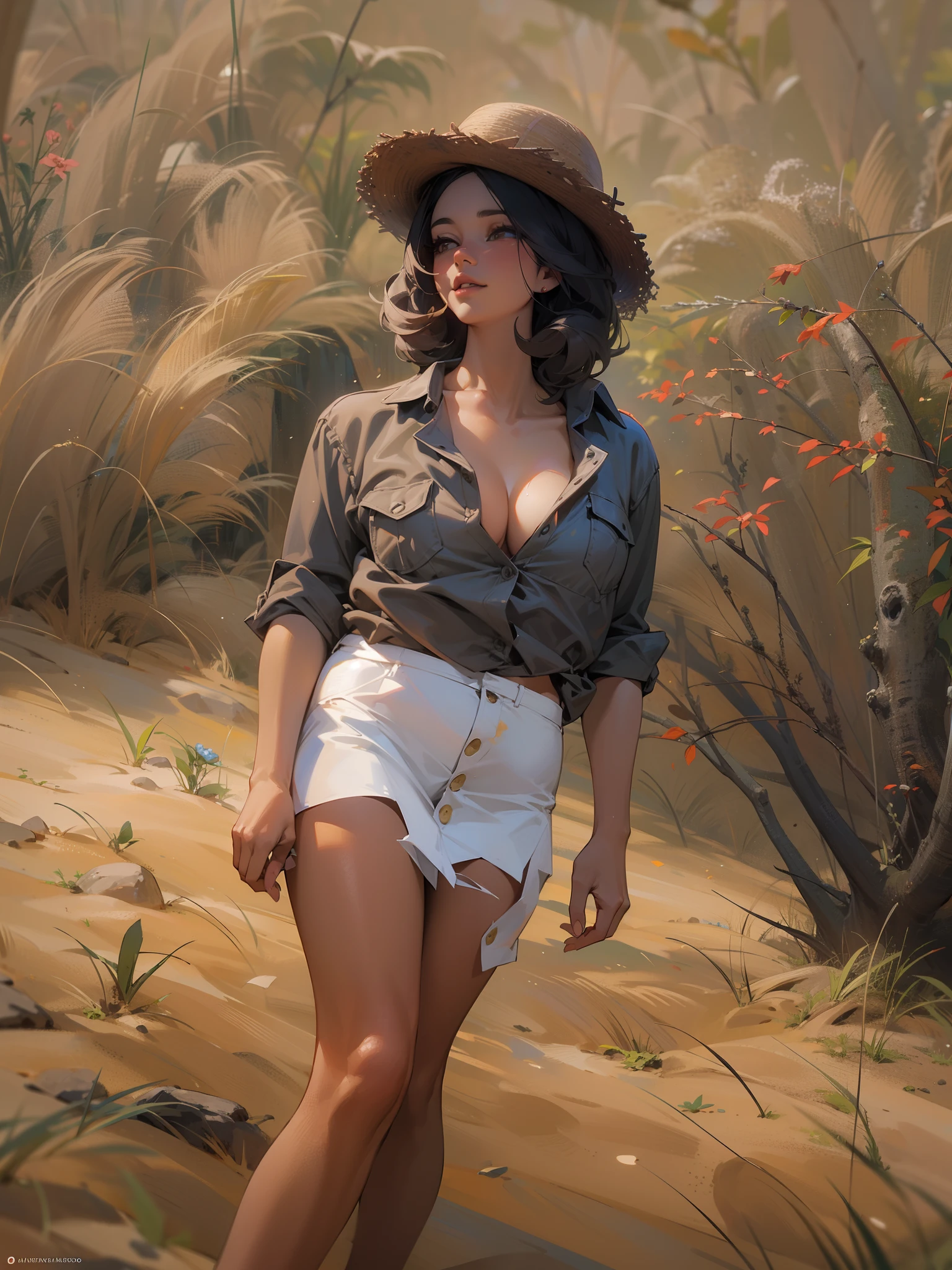 There's a sexy 30-year-old woman (Peta Jensen) em uma fazenda, posando em um monte, hay scattered on the ground, camisa aberta, Unbuttoned button-down shirt, Totalmente desabotoado, breasts are visible, saltando para fora, pulando para fora da camisa, no-bra, does not wear a bra, not wearing a bra, seios grandes (Alexa Pearl) Mamalhuda, , Mamalhuda (Angela White)), pele morena, Latim, sobrancelha escura e cerrada, olhos verdes, olhar sensual, lascivo, nariz esnobado, arredondado, half-open lips, vermelhos, cabelos castanhos, Curly bobs Cacheado, barriga sexy, piercing na barriga, calcinha branca molhada, transparente, bem marcada, marcando a virilha, barefoot, dirt floor, stable, Luz Natural, pouca luz, luz lateral, cinematografic, dust particles in the air, dust particles in light, ambiente detalhado, anatomia feminina perfeita, Impeccable, vista de cima, olhar de cima, View from above, close de cima, 4k