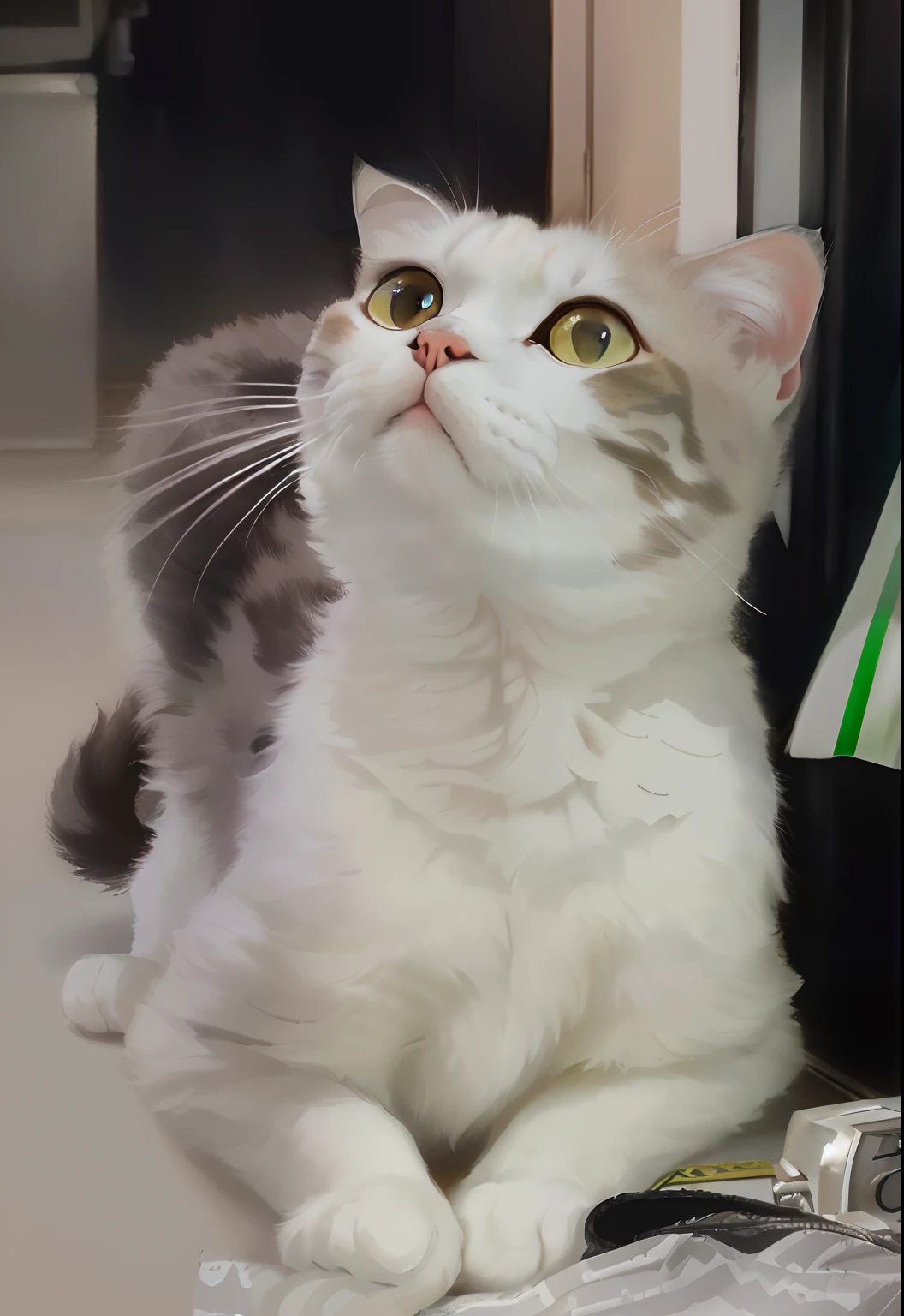 There was a cat lady sitting on the floor looking up, cat female with a whit and chest, she is looking at us, curious expressions, proud looking away, exotic shorthair cat, A cute cat lady，she has a cute expressive face, she has a distant expression, looking content, Looking confused