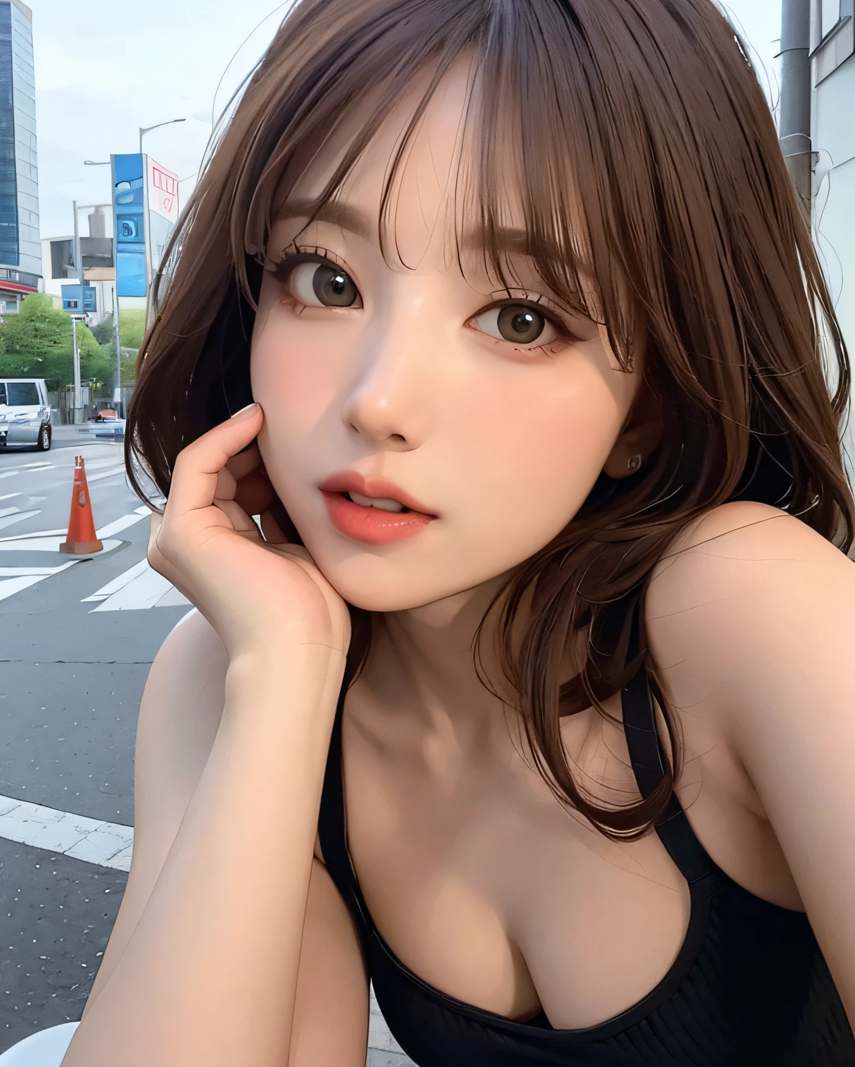 fully body photo，Extremely beautiful face，best qualtiy， realisticlying， 8K， A high resolution， 1girll， woman， （dent in the skin）， （sportrait：0.6）， （Daytime cityscape background：1.52））， fully colored， （（Small round chest，fully body photo，Extremely beautiful face，best qualtiy， realisticlying， 8K， A high resolution， 1girll， woman， （dent in the skin）， （sportrait：0.6）， （Daytime cityscape background：1.52））， fully colored， （（Small round chest，Neckline top：1.5））， head straight-looking at viewer：1.8， （1 girl looks at the audience with eyes：1.45， medium lenght hair， brunette color hair， partedbangs：1.45）， （Bokeh）fully body photo，Extremely beautiful face，best qualtiy， realisticlying， 8K， A high resolution， 1girll， woman， （dent in the skin）， （sportrait：0.6）， （Daytime cityscape background：1.52））， fully colored， （（Small round chest，Neckline top：1.5））， head straight-looking at viewer：1.8， （1 girl looks at the audience with eyes：1.45， medium lenght hair， brunette color hair， partedbangs：1.45）， （Bokeh）V-neck top：1.5））， head straight-looking at viewer：1.8， （1 girl looks at the audience with eyes：1.45， medium lenght hair， brunette color hair， partedbangs：1.45）， （Bokeh）