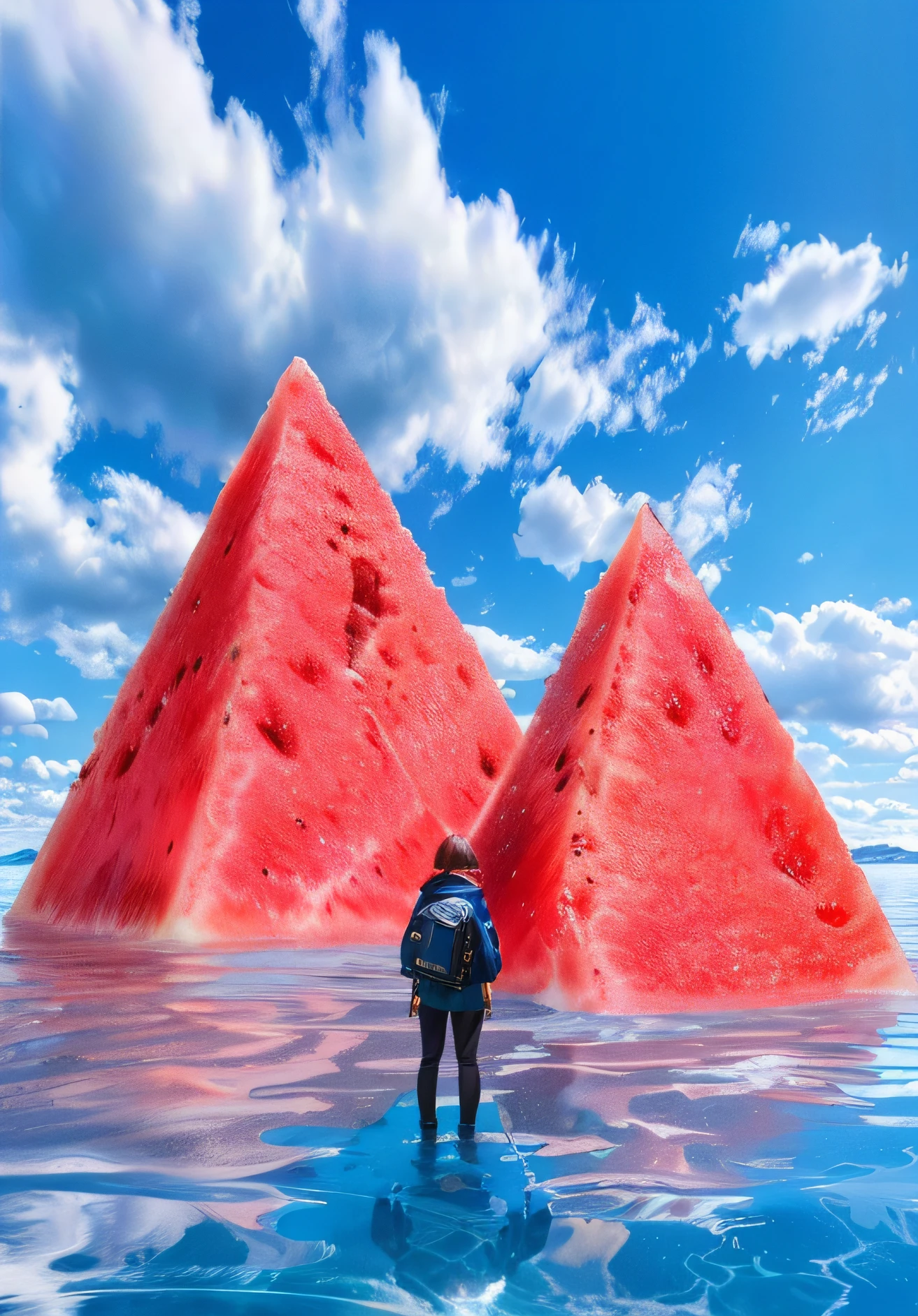 tmasterpiece,best qualtiy,(Very detailed CG unity 8k wallpaper)(best qualtiy),(Most Best Illustration),(best shadow)Nature',Blue sea,Watermelon Mountain,A girl standing in the water