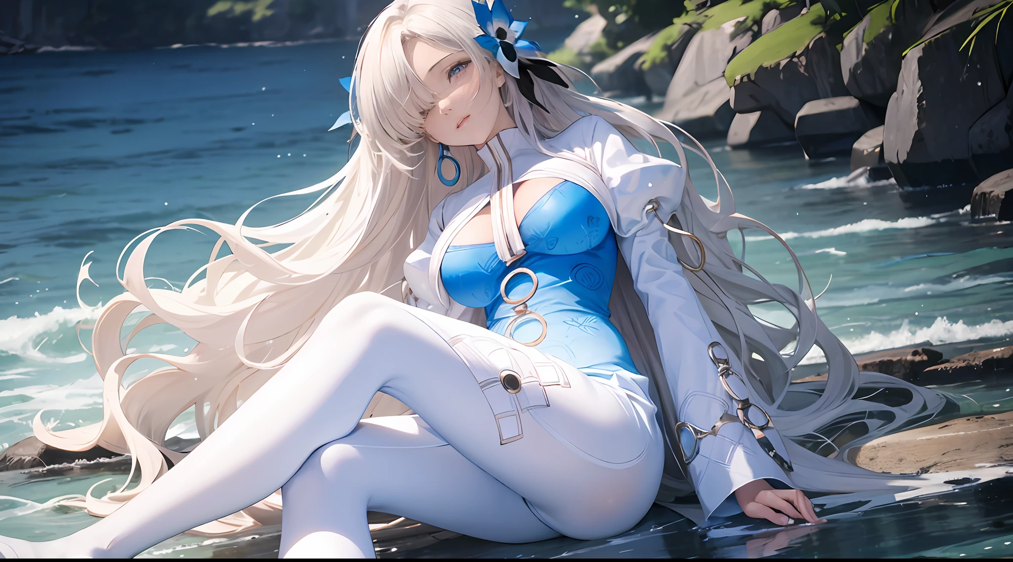 （Enrich the picture，Masterpiece level quality）Beautiful 8K CG artwork，Goddess-like posture，Sit by the river and exercise in a posture，Slim and soft，Translucent skin，White hair、The beauty of extra-long hair, Super Long Straight Hair，The skin is fair and juicy，Big breasts underwear uniform，Perspective Part 1.2x enhanced silhouette effect，Exquisite transparent blues pattern in pajamas，The details are intricate and exquisite，The background is slightly blurred，Charming and lustful leg seduction，Drool，Extra-large big breasts，Blush，Japan goddess，Perfect body slim curves，Scene by the sea，