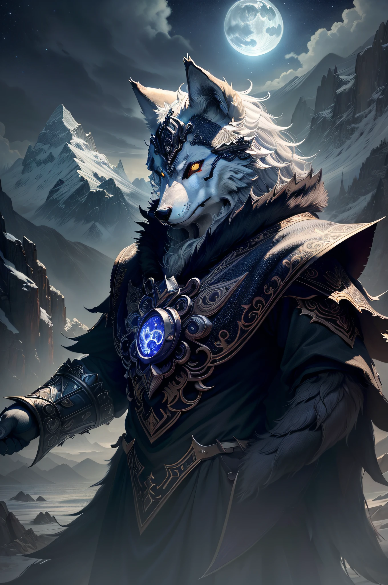 (Wolf God:Highly detailed CG wallpaper、Unparalleled artwork、Highest image quality、A unique and mysterious angle、Immersive experiences、Deep eyes、Wolf ears+fang+sharp talons:1.3、Mysterious night、Moonlight shines、Starry sky dots、Vast mountains、Dense woods、Howling in the wind、The release of mysterious powers)