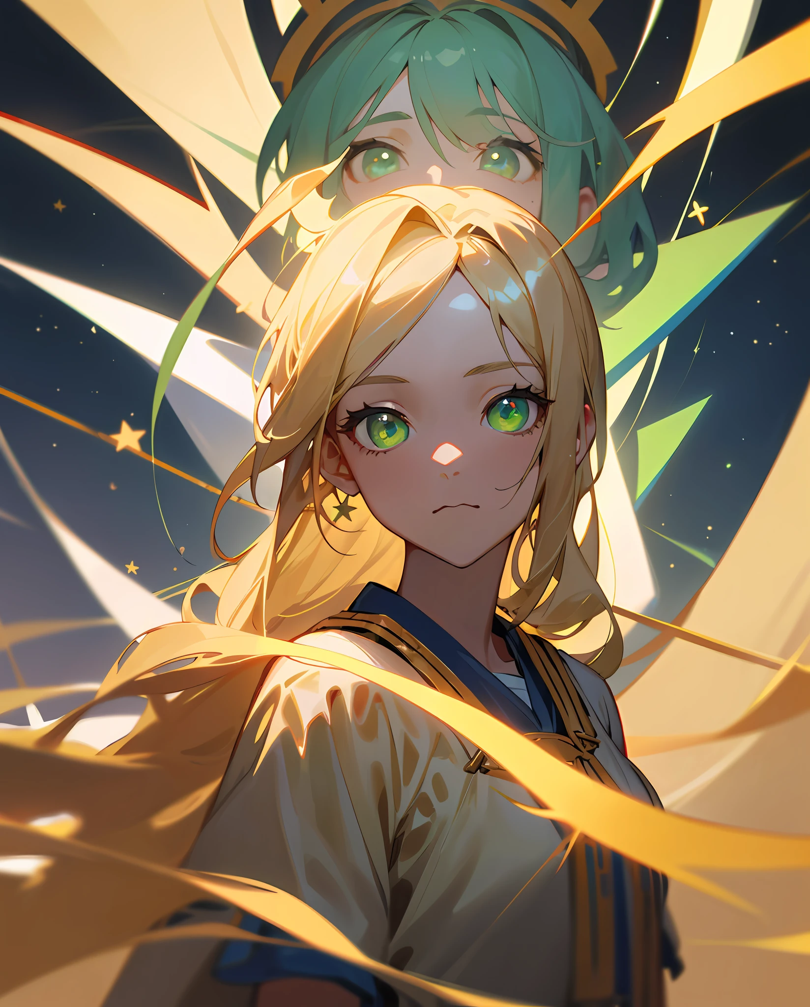 "(((absurdres))), (((best quality))), portrait, digital art, (trending on ArtStation), ((1girl)), ((green shiny eyes)), star-shaped eyes, beautiful, (beige blonde long hair), (((greek clothing))):0.9".