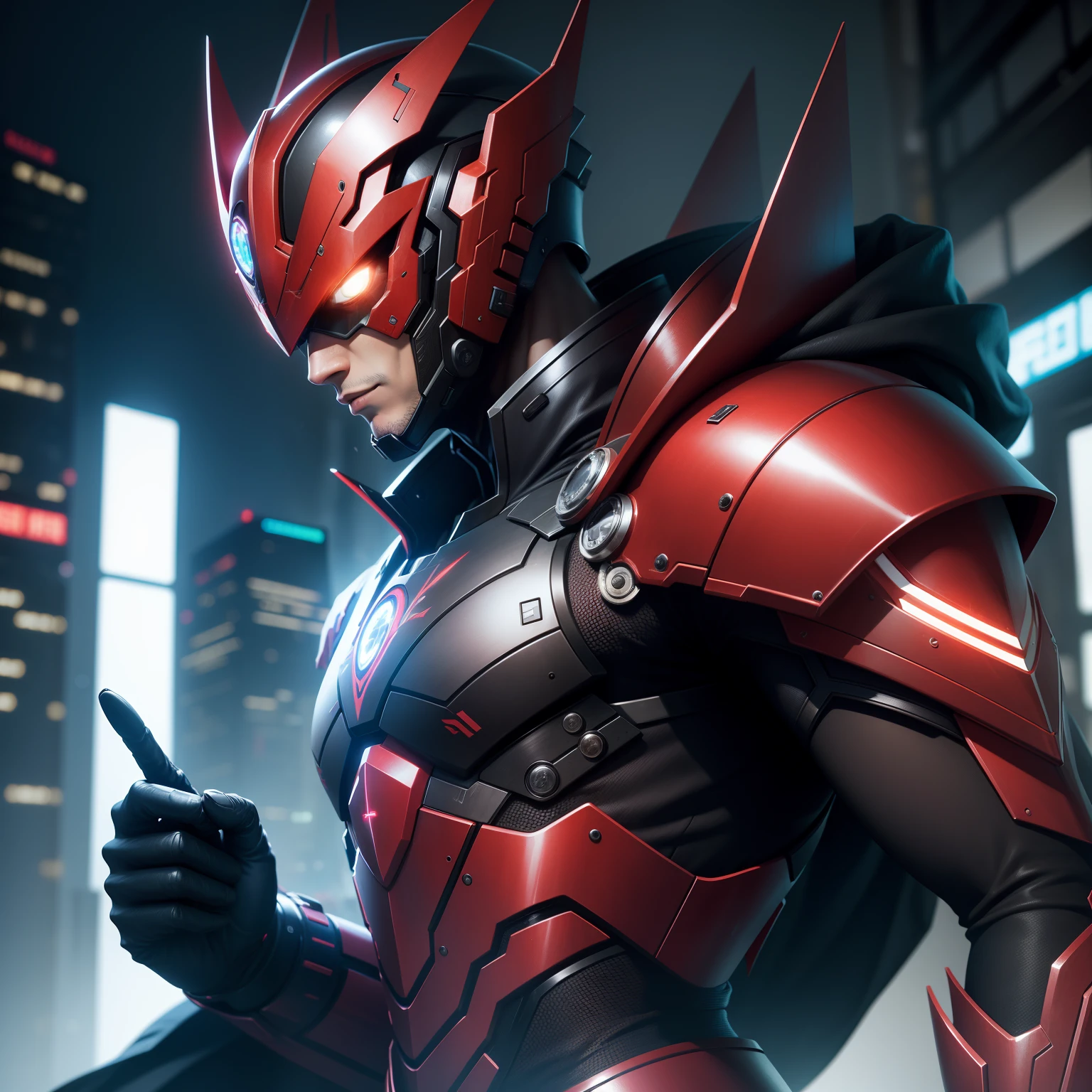 Highest image quality,Outstanding details,超高分辨率,(fidelity:1.4),The best illustration,Side face close-up,Kamen Rider,Characteristics of Western dragons,Bright red armor,Cloak,cyber punk perssonage,Futuristic,mechanically aesthetic,Complex machinery,The background is a high-tech lighting scene in the future city,Virtual Engine 5,Perfect detail rendering,rendering by octane,hyper HD