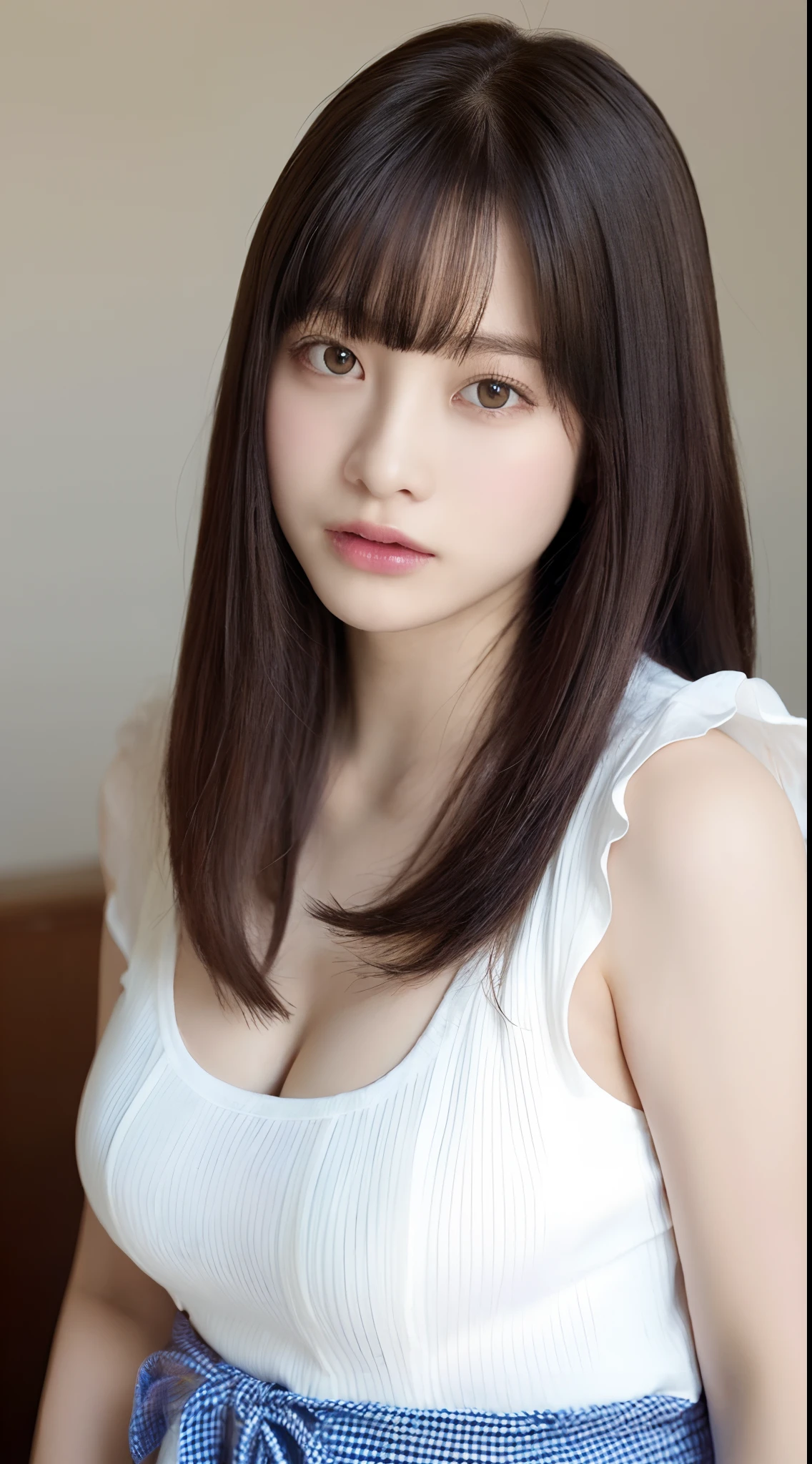 ((top-quality、8K、masterpiece:1.3))、Detail Women:1.3、(Medium Hair、Colossal tits:1.3)、Camisole with a small area、Clothes that emphasize the chest very much、Clothes with open cleavage、Clothes that expose a lot of skin、lightly dressed、ultra -detail、the detail、eyelid、summer vacation、cafes