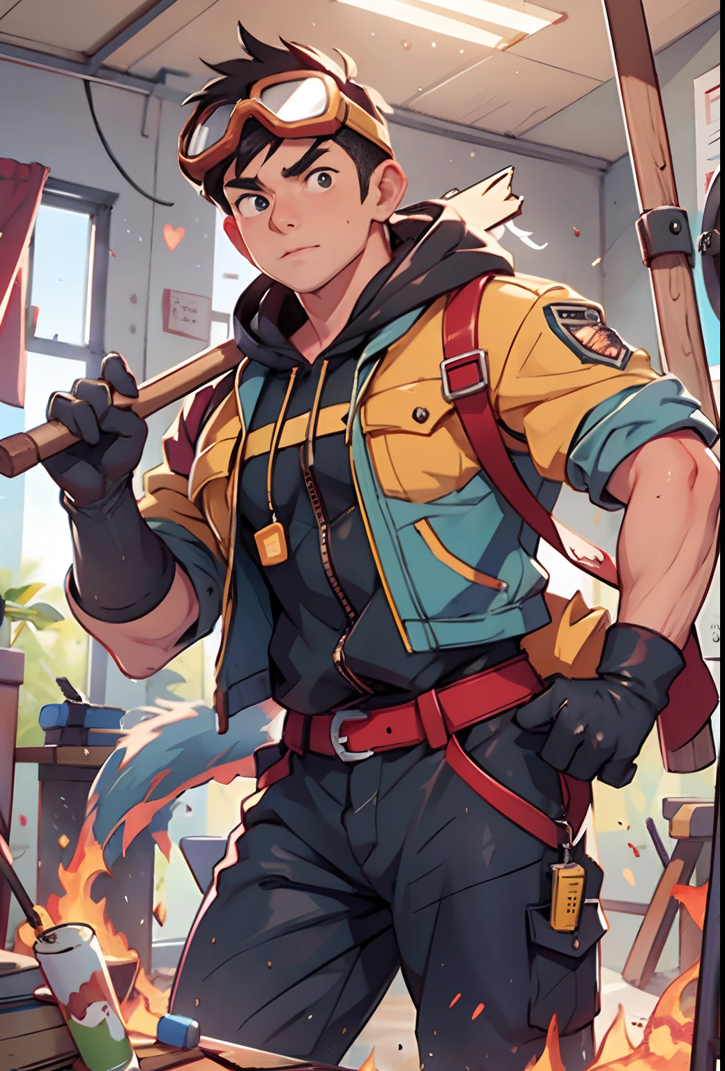 masterpiece, top-quality, ultra-detailliert, illustratio, 1 juvenile, firefighter, 独奏, Glossy, Reflectors, ratex, overall, A sexy, body, full bodyesbian, Lifting hammer, Carrying a hammer on his shoulder, detaileds, work shoes, Fire Dragon, It's messy, workshop, industry, A black, reddish, Plata, metals, gloves, goggles