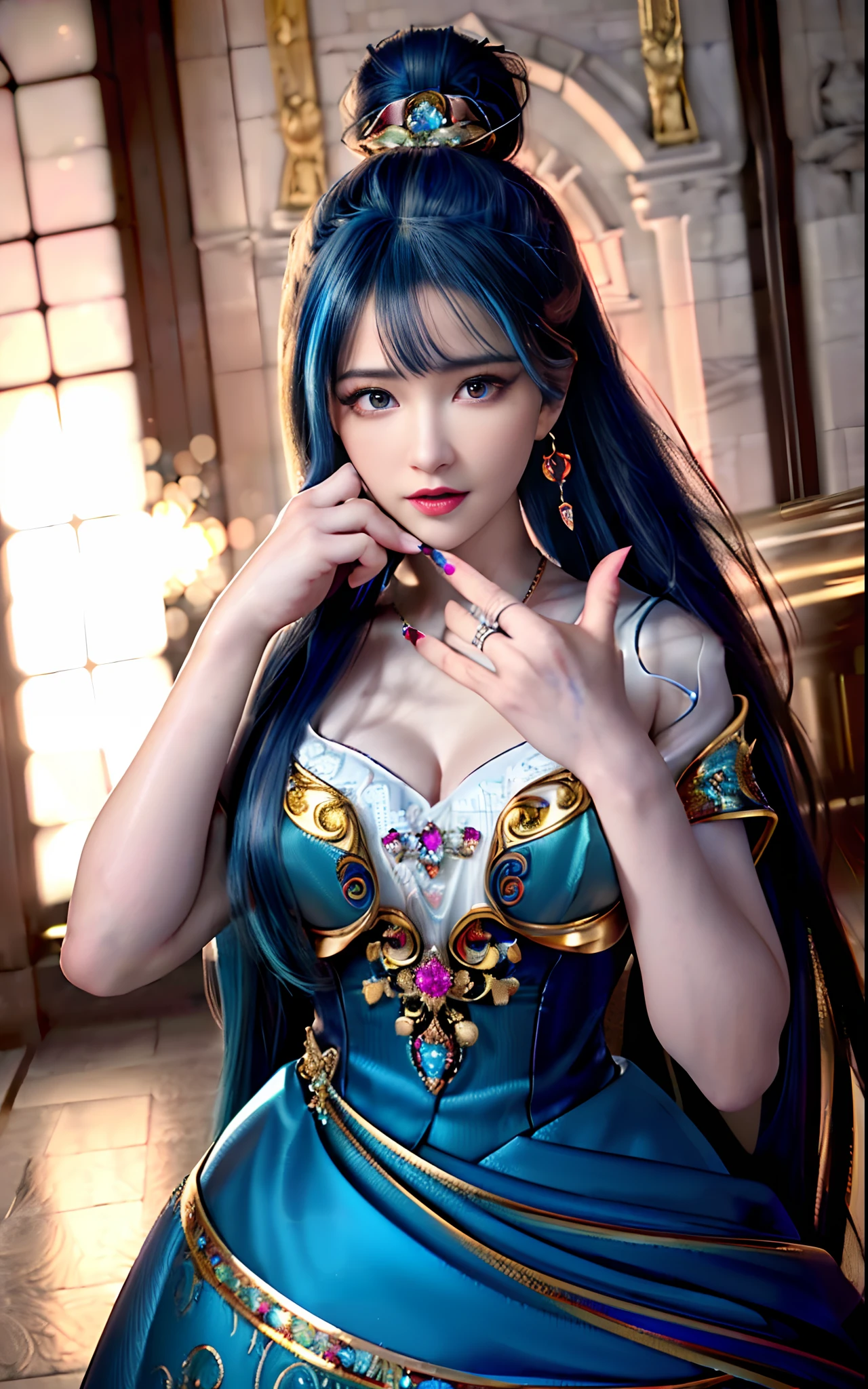 ((realisticity: 1.2)), ((realistic: 8K UHD)), ((best resolution: 8K UHD)), hyper detailed, best quality,masterpiece,highres,cg, ((1 girl hyper detailed and hyper realistic) ) , ((beautiful queen, hyper realistic and hyper detailed)),((white skin, beautiful, smooth, youthful, hyper realistic and hyper detailed )), ((Face hyper beautiful, white, hyper realistic and hyper detailed ) ), long hair, ((hyper realistic and hyper detailed dress)), solo, ((hyper realistic, hyper beautiful, beautiful and hyper detailed jewelry)), ((hyper beautiful deep red and golden yellow dress, hyper realistic and hyper detailed )) , ((Her pretty, hyper realistic, hyper detailed diamond filled earrings)), ((Her gorgeous diamond haircut, hyper realistic and hyper detailed)), ((hyper pretty upper body, hyper beautiful, hyper realistic and hyper detailed) ), ((medium breast: 1.1)), ((hyper realistic, hyper pretty, hyper detailed boobs)), ((the backgroun of the royal palace is hyper majestic, hyper realistic and hyper detailed)),((hands and palms hyper beautiful, hyper detailed, hyper realistic)), ((hyper detailed and hyper realistic fingers and fingernails)), ((hyper pretty fingernails, hyper vivid, hyper detailed, hyper realistic)), ((thumb, index finger, middle finger, ring finger, little finger hyper vivid, hyper pretty, hyper detailed, hyper realistic)),  
((hyper beautiful fingers, hyper detailed, and hyper realistic)), ((posture not too fat and not too thin, hyper realistic, hyper detail)), ((hyper pretty, hyper pretty, hyper realistic and hyper detailed hair bun)), ((hyper pretty , hyper realistic and hyper detailed blue hair)), candid, Photo, high resolution, 8k , bokeh,