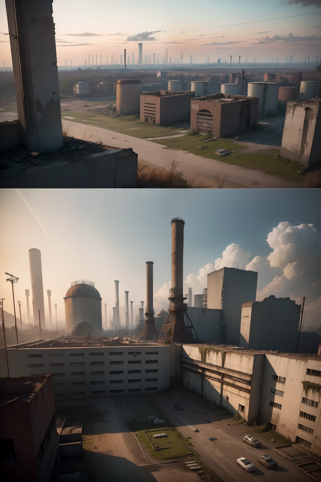 tmasterpiece，Scenes，Inside an abandoned building，bonfires，city ruins，Huge towering chimneys in the distance，abandoned factory，Atmospheric distance，Detail enhancement，Stale and shabby scenes，high qulity，The ground was littered with debris，Concrete floors，Huge concrete building，oil tank，Industrial equipment，Crane。