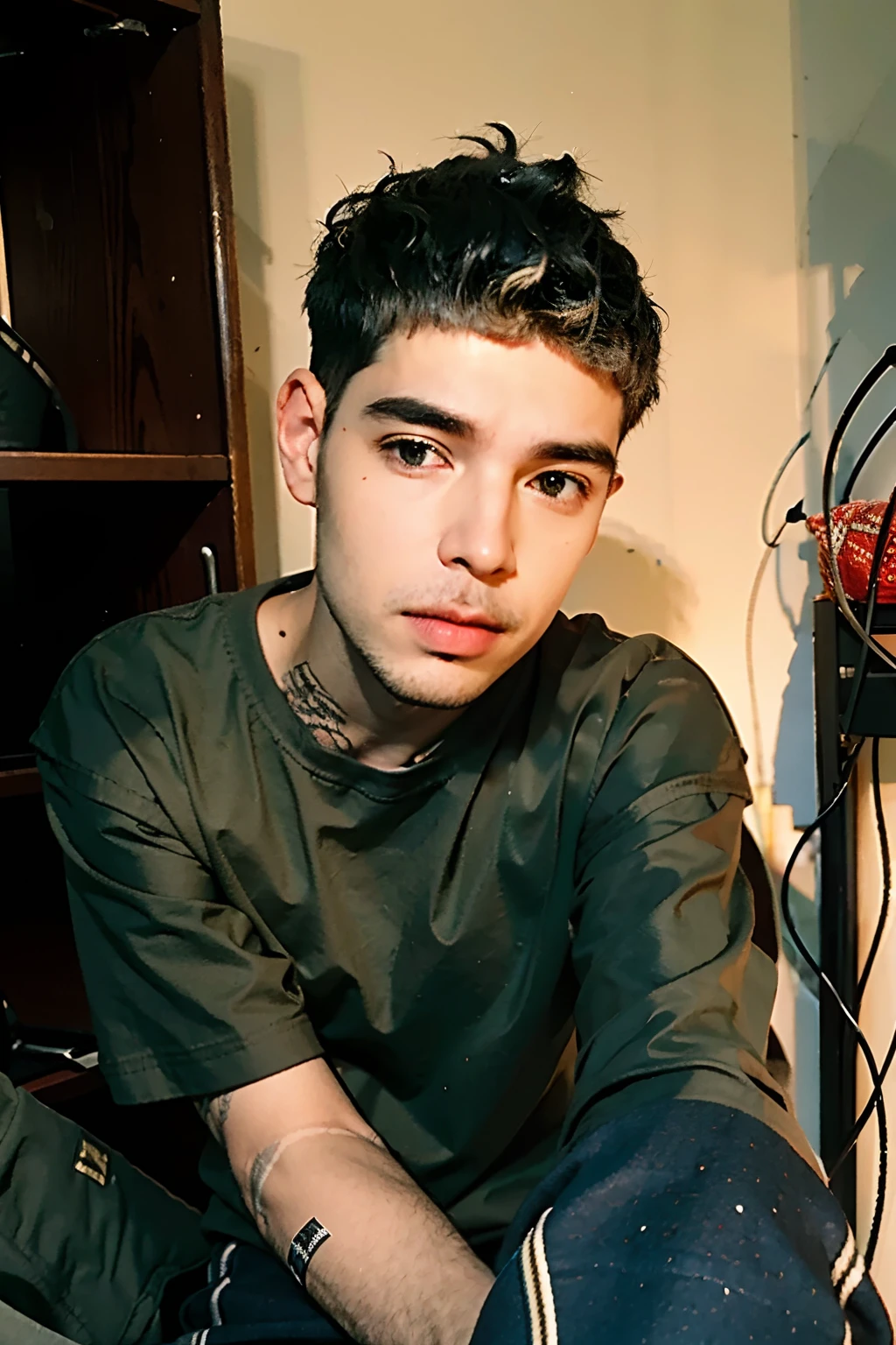 1 homem, sorrir, 19 anos, ao lado de um carro de luxo, he's on the street, Ele usa jaqueta de snowboard preta, He wears baggy jeans, He wears a white cap, he has no hair, He wears gold cord around his neck, Rosto extremamente detalhado, (Ao ar livre, Noite: 1.1), ruas da cidade, Ele tem membros de gangue, Os membros usam touca ninja, he's mature, ele tem olhar malvado