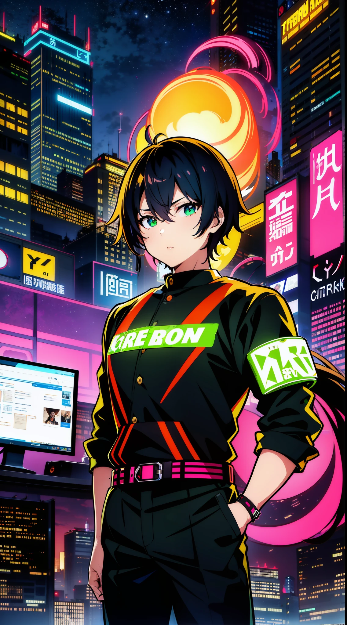 salaryman、Adults、29yo、Holding an energy drink in one hand、ty、systems engineer、cyberpunked、near future、TOKYOcty、s Office、Neon Street、Electromechanical、One man、Dark circles in the eyes、Narrow-eyed、Shadows are vivid colors、Vivid Color、overtime、s Office、Transformation Belt、hero、heroic、real face、Engineers、keyboard、personal computers、Office at night、Working alone、working adults、Image color is bright green、Scenery at work、Clear contours、Distinct eye and nose stand、Face drawn clearly、Hair color is vivid color、A room full of cables、Hero Goods、twinks、salaryman、8K、Clear image quality、Solid line is vivid color