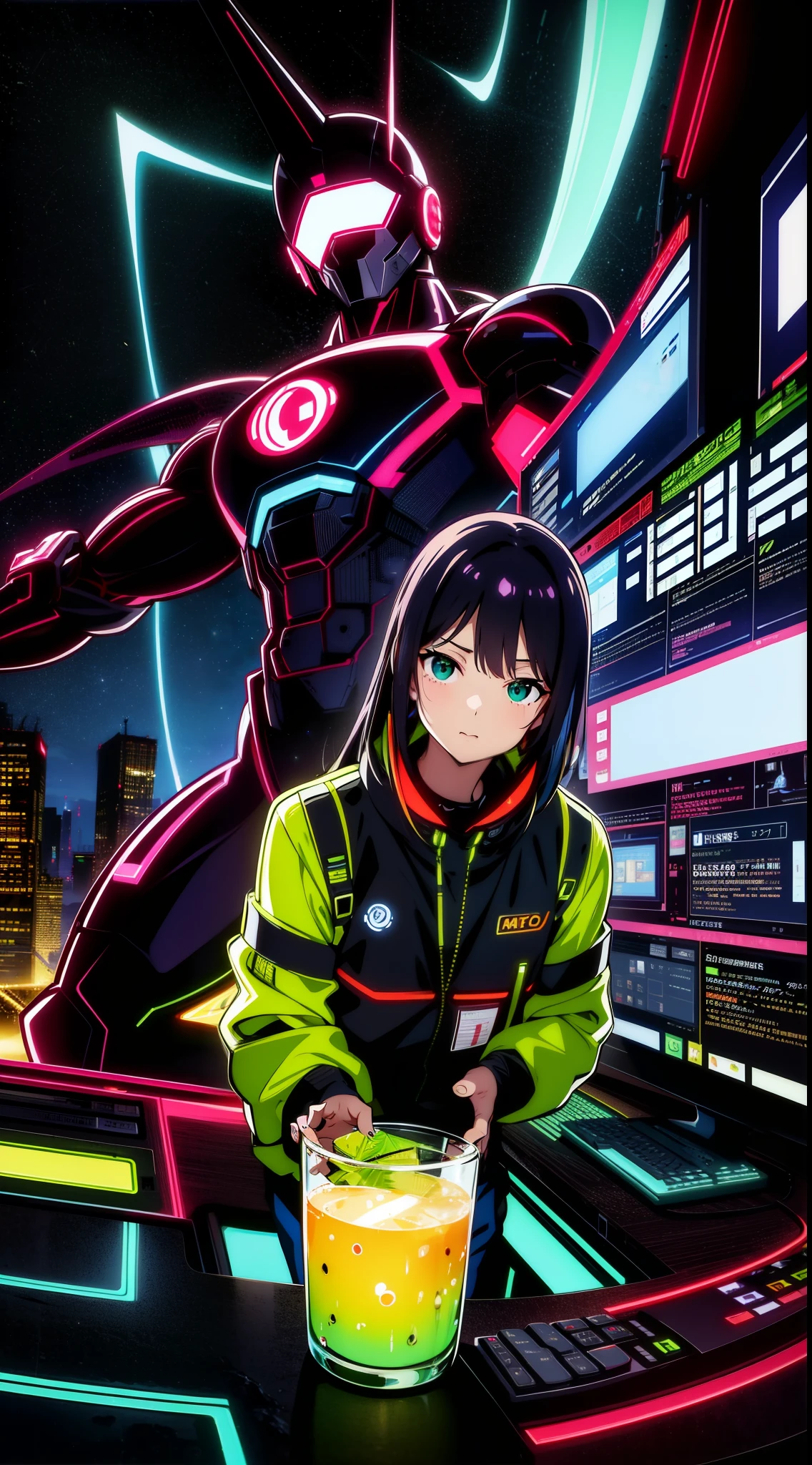 salaryman、Adults、29yo、Holding an energy drink in one hand、ty、systems engineer、cyberpunked、near future、TOKYOcty、s Office、Neon Street、Electromechanical、One man、Dark circles in the eyes、Narrow-eyed、Shadows are vivid colors、Vivid Color、overtime、s Office、Transformation Belt、hero、heroic、real face、Engineers、keyboard、personal computers、Office at night、Working alone、working adults、Image color is bright green、Scenery at work、Clear contours、Distinct eye and nose stand、Face drawn clearly、Hair color is vivid color、A room full of cables、Hero Goods、twinks、salaryman、8K、Clear image quality、Solid line is vivid color