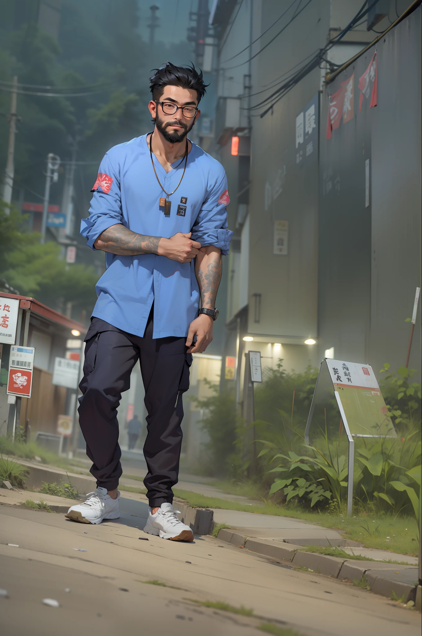 1man, full body, short hair, muscular, beard, Streetwear,cargo pants, necklace,taiwan, street, (masterpiece, best quality, highres, ultra detailed ), night , depth of field, glasses,