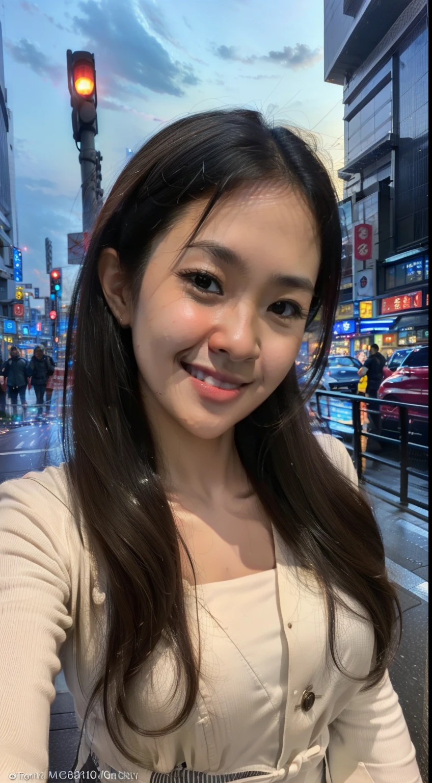 1 malay girl, Tokyo street,night, cityscape,city lights,upper body,close-up,smile,, (8k, RAW photo, best quality, masterpiece:1.2),(realistic, photo-realistic:1.37),