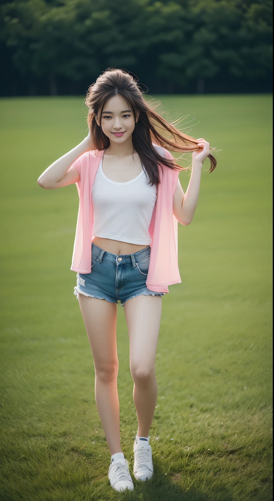 ((Best quality, 8K HD, Masterpiece: 1.3)),(Wet clothes: 1.1), (rain, grassy fields: 1.3), 1 beautiful woman taking pictures on the grass，RAW photos，tmasterpiece，（highdetailskin：1.2），8k ultra high definition，digital SLR camera，gentlesoftlighting，high high quality，filmgrain，富士XT3，20 years old Asian woman，Wear simple clothes，T-shirt and skinny jeans，Detailed clothing details:1.3，perfect body figure，Perfect breasts and nipple bulge，The legs are straight and slender，（（Branded stylish shoes:0.6）），Super detailed facial details and skin，Fair pink face and skin，The skin is pink，with light glowing，二重まぶた，Super detailed eyes，(Gloss on lips, eyeslashes, Glossy face, Best quality, Super high resolution, warm color，Wide lighting, naturalshadow), Sense of postural diversity, Full body shooting: 1.8