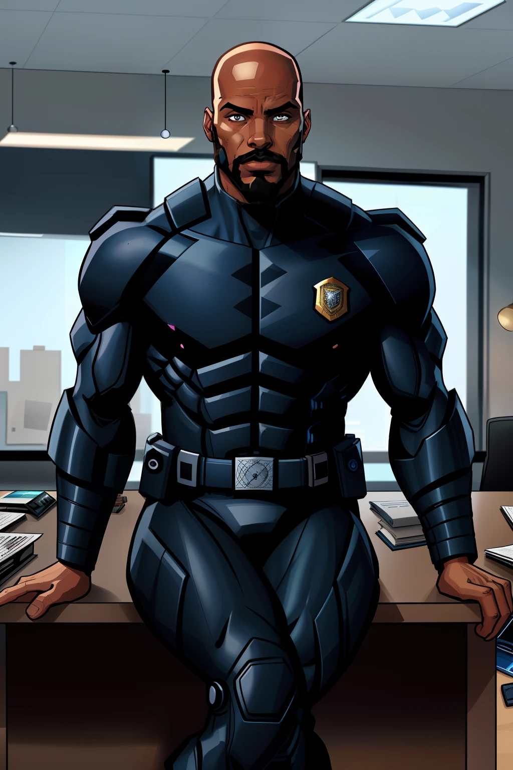 police officer, black man, bald, facial hair, wearing american police suit, sitting in police station office, taking the phone call, jail cell in the background, comic book style, flat shaded, prominent comic book outline linework