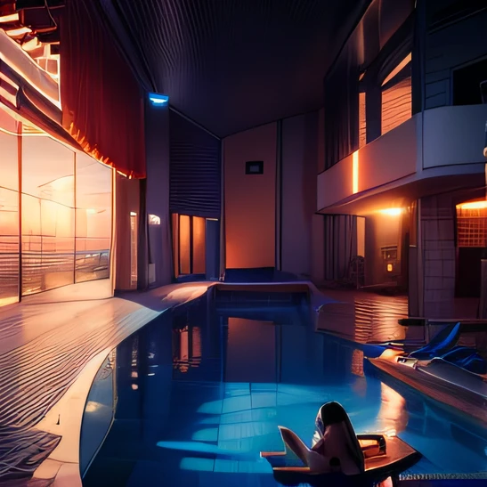 Sunset Sunset Swimming pool Light Boy sitting Wearing headphones No water in swimming pool Next to windows 5 Long vertical floor-to-ceiling windows No window glass All materials are swimming pool material