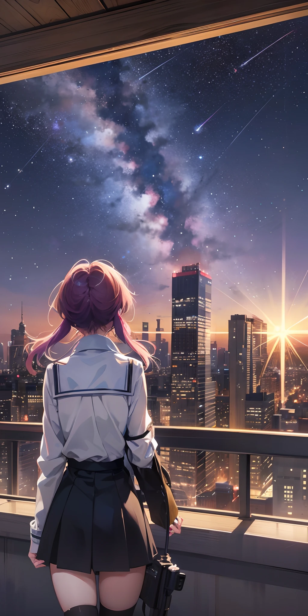 an anime girl looking at the anime starry night scene, from behind, shooting stars, 4k anime wallpaper --auto --s2