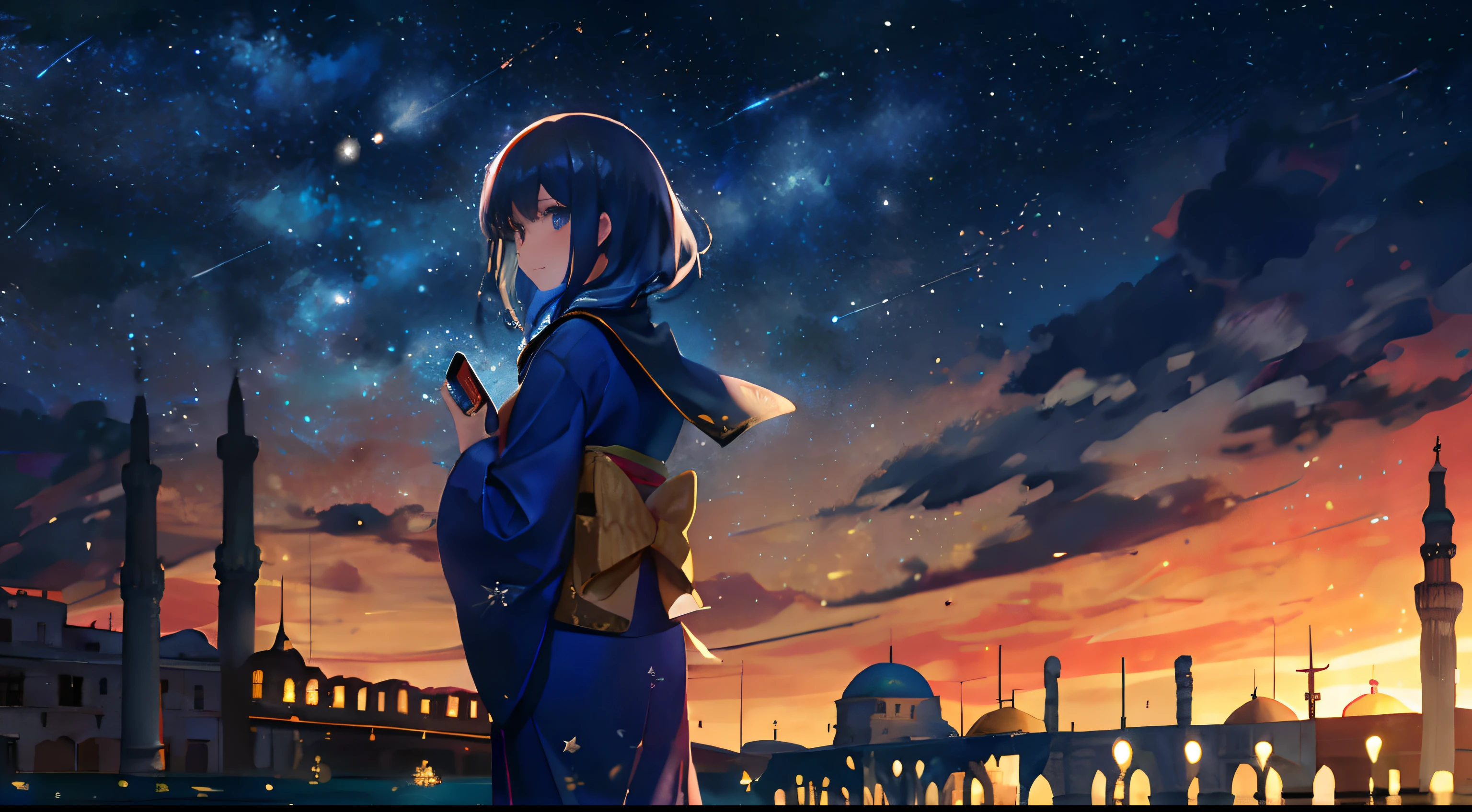 (Ayasofya Camii: 1.5), One, distant girl in kimono staring at the stars (reduced: 1.1), (meteor shower: 1.2), (comet: 1.1), low angle, from behind, arrow labrealis shooting star, (girl: 1.5), highest quality standing in the field, masterpiece, clouds, colorful, starry sky, stars,