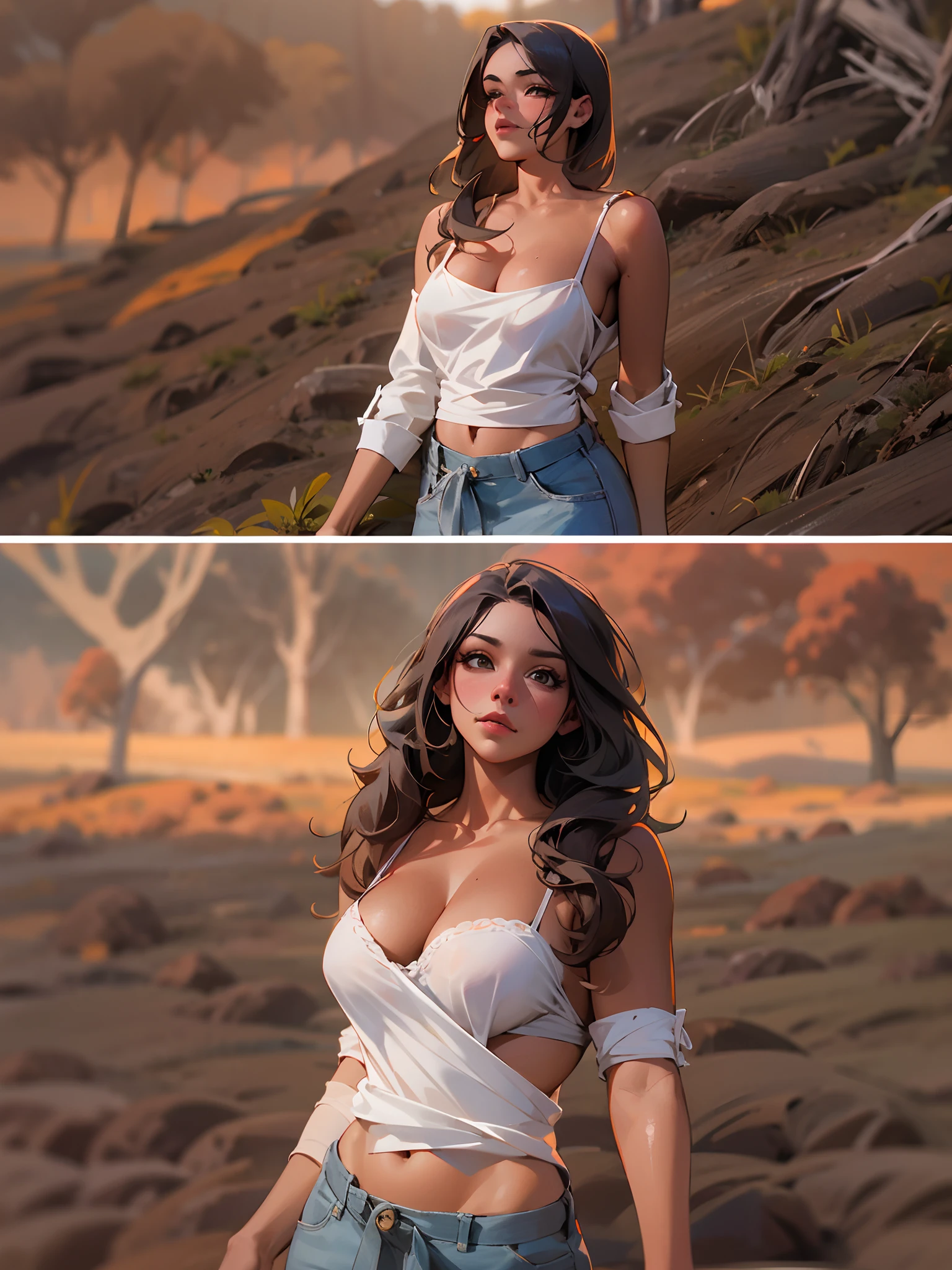 There's a sexy 30-year-old woman (Peta Jensen) em uma fazenda, posando em um monte, hay scattered on the ground, camisa aberta, Unbuttoned button-down shirt, Totalmente desabotoado, breasts are visible, saltando para fora, pulando para fora da camisa, no-bra, does not wear a bra, not wearing a bra, seios grandes (Alexa Pearl) Mamalhuda, , Mamalhuda (Angela White)), pele morena, Latim, sobrancelha escura e cerrada, olhos verdes, olhar sensual, lascivo, nariz esnobado, arredondado, half-open lips, vermelhos, cabelos castanhos, Curly bobs Cacheado, barriga sexy, piercing na barriga, calcinha branca molhada, transparente, bem marcada, marcando a virilha, barefoot, dirt floor, rancho, Luz Natural, pouca luz, luz lateral, cinematografic, dust particles in the air, dust particles in light, ambiente detalhado, anatomia feminina perfeita, Impeccable, vista de cima, olhar de cima, View from above, close de cima, 4k