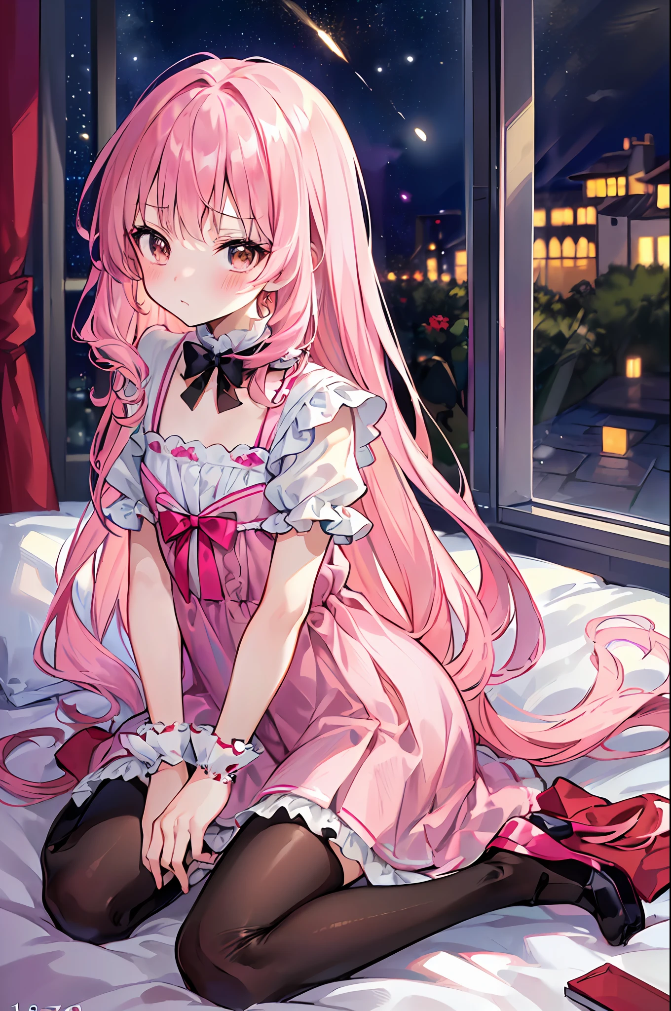 (Anime style: 1.5), (8K image quality :1.3),(ultra detailed), (perfect anatomy), (masterpiece),(best quality),(high resolution),(Colorful),((solo,lolita,)),(a cute little girl ressing Italian traditional dress),(troubled face),(blushing),(long straight hair, light pink hair),brown eyes, (flat chest),full body,Bedroom at night