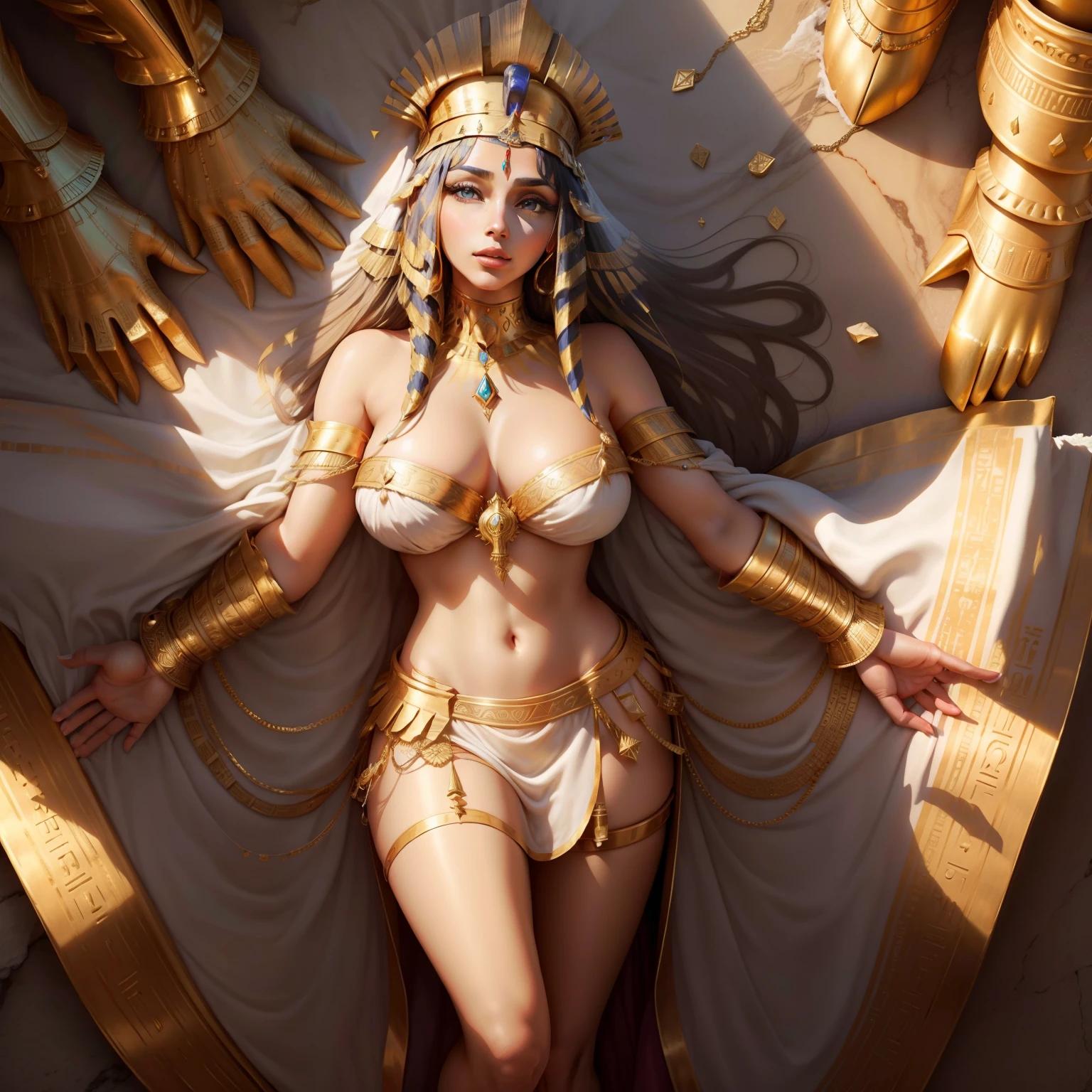 "Cleopatra in the elegant and majestic ancient city, radiating regal beauty, adorned with intricate jewelry, flowing silk robes, and a golden crown, surrounded by loyal followers and mesmerizing architecture, capturing the essence of ancient Egyptian grandeur."