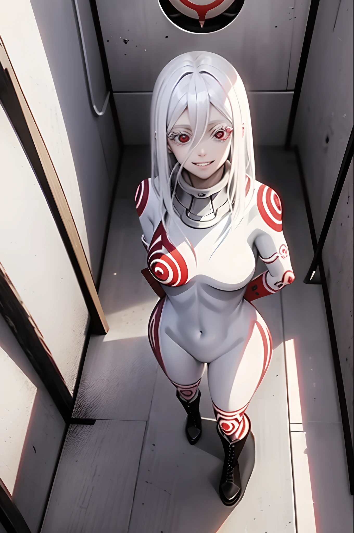 shiro /(deadman_wonderland/), sitting down on the floor, (prison bars:1.1), (inside a prison:1.3), cute, (standing:1.2), (white hair:1.2), (red eyes:1.3), crazy face, crazy eyes, pale skin,, cloak, boots, smile