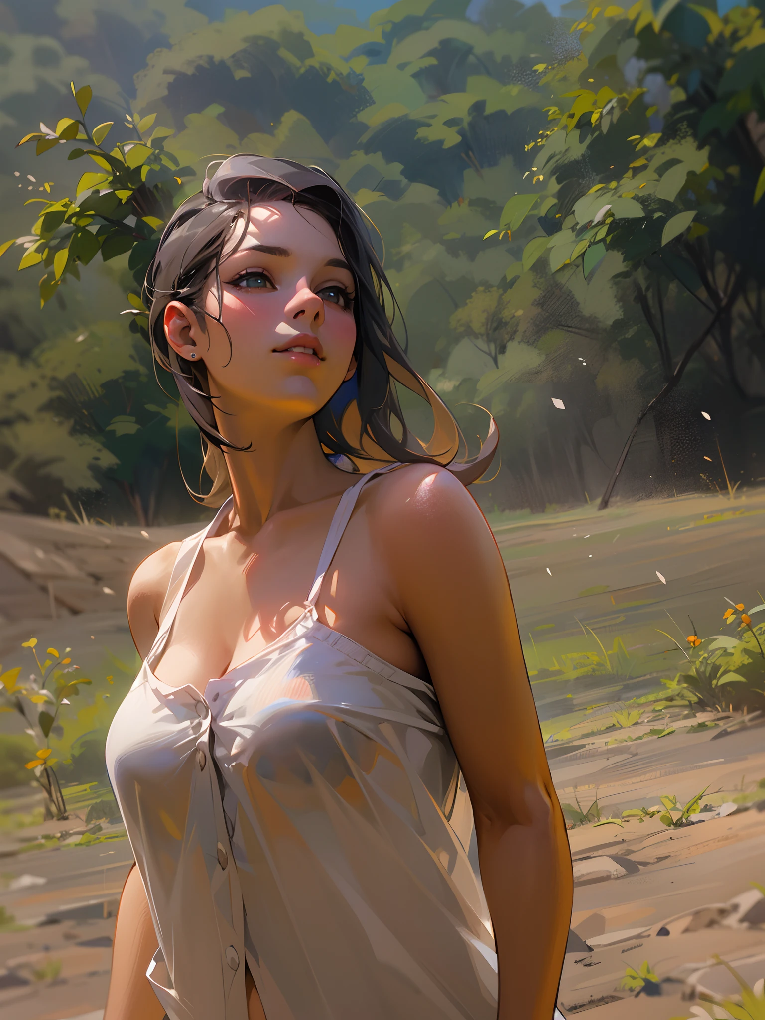 There's a sexy 30-year-old woman (Peta Jensen) em uma fazenda, posando em um monte, hay scattered on the ground, camisa aberta, Unbuttoned button-down shirt, Totalmente desabotoado, breasts are visible, saltando para fora, pulando para fora da camisa, no-bra, does not wear a bra, not wearing a bra, seios grandes (Alexa Pearl) Mamalhuda, , Mamalhuda (Angela White)), pele morena, Latim, sobrancelha escura e cerrada, olhos verdes, olhar sensual, lascivo, nariz esnobado, arredondado, half-open lips, vermelhos, cabelos castanhos, Curly bobs Cacheado, barriga sexy, piercing na barriga, calcinha branca molhada, transparente, bem marcada, marcando a virilha, barefoot, dirt floor, stable, Luz Natural, pouca luz, luz lateral, cinematografic, dust particles in the air, dust particles in light, ambiente detalhado, anatomia feminina perfeita, Impeccable, vista de cima, olhar de cima, View from above, close de cima, 4k