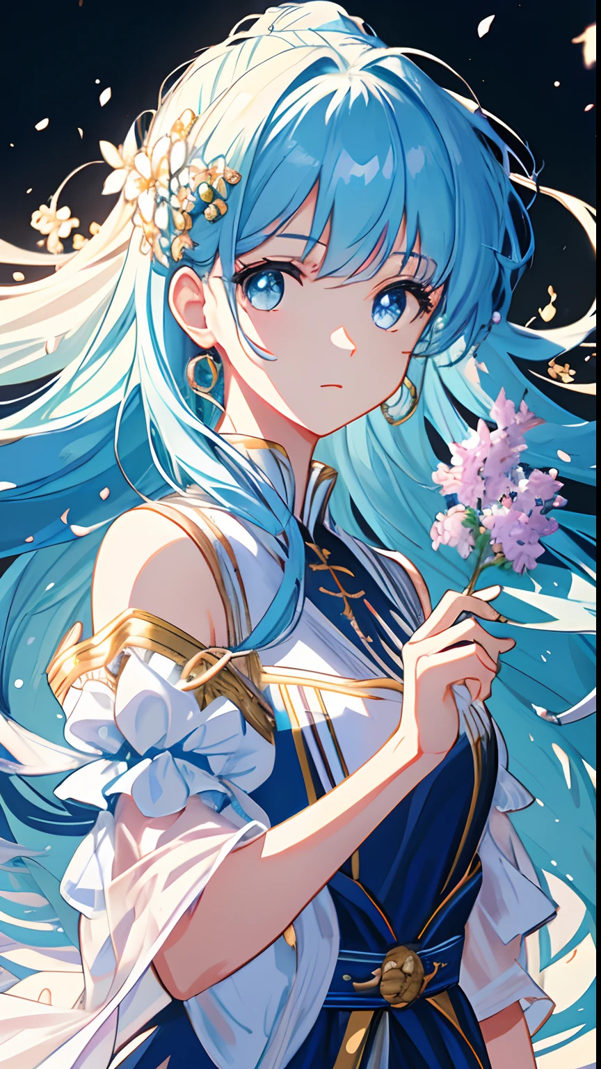 (masterpiece), (best quality), (ultra detailed),(disheveled hair),(illustration), (1girl), (Fashionable clothing), standing, Fashion model, looking at viewer, (interview), (simple background),beautiful detailed eyes, delicate beautiful face, Floating,(high saturation),(colorful splashes),colorful bubble,(shining), focus on face, ponytail, kamisato ayaka, light blue hair, bangs, hair ring, floating flowers, floating hairs, (shining), best lighting, best shadow,
