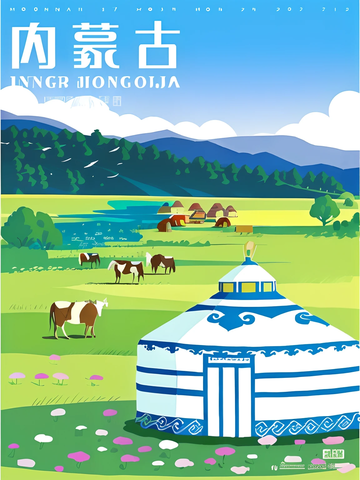 There is a poster,There is a photo of a yurt on it,in the middle of a field, Mongolia, vibrant tourism poster, mongol, official print, Poster illustration, travel poster, illustrated poster, beijing, artwork in the style of z.Show on the. gu, Color illustration, 1128x191 resolution