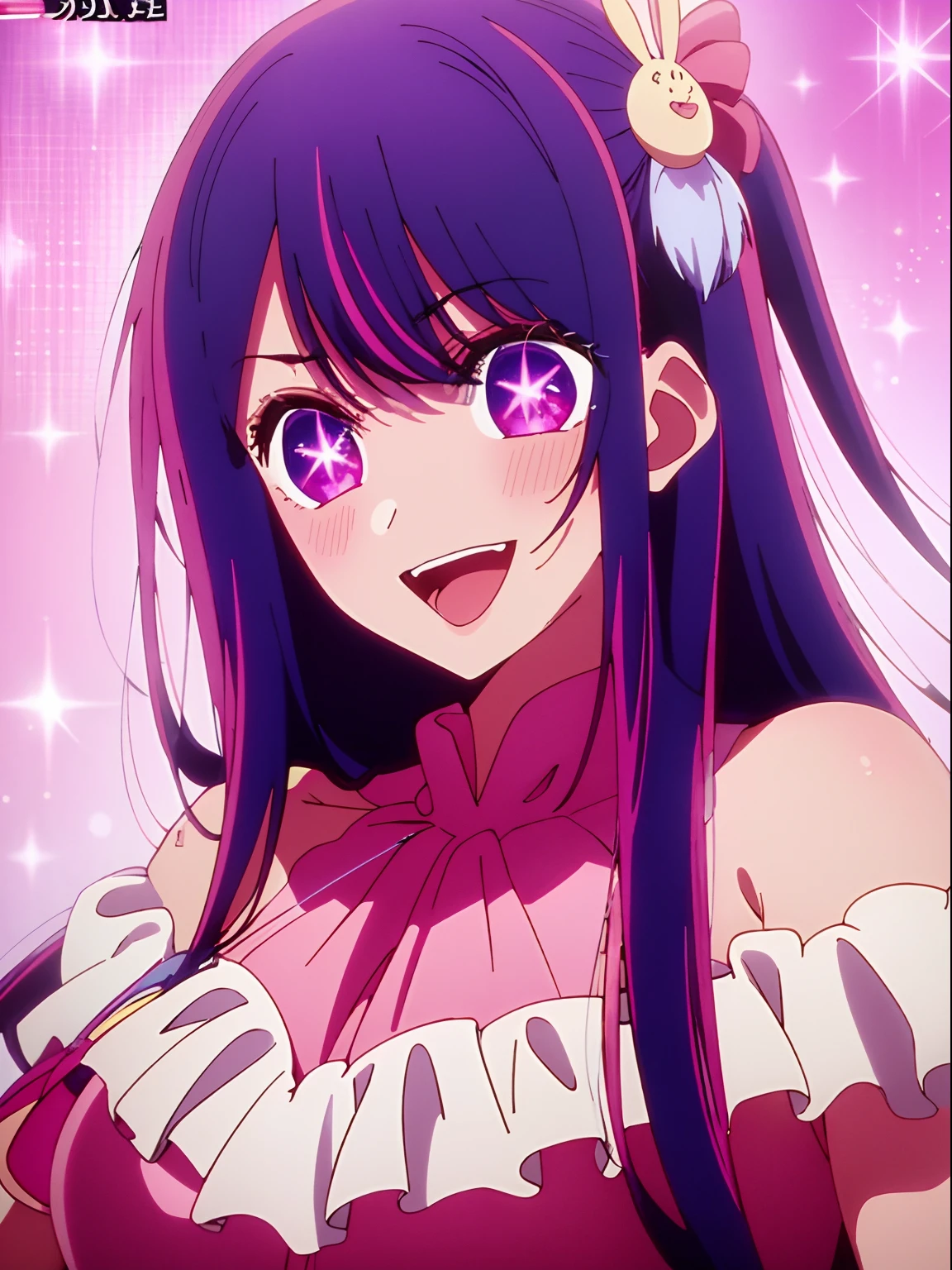 ​masterpiece、ighly detailed、top-quality、(1 girl in:1.2)、purple color  hair、pink  dress、big eye、a closeup、A smile、8K、Ai Hoshino、Live performance venue、Live Backgrounds、(((anime styled)))、Open your mouth