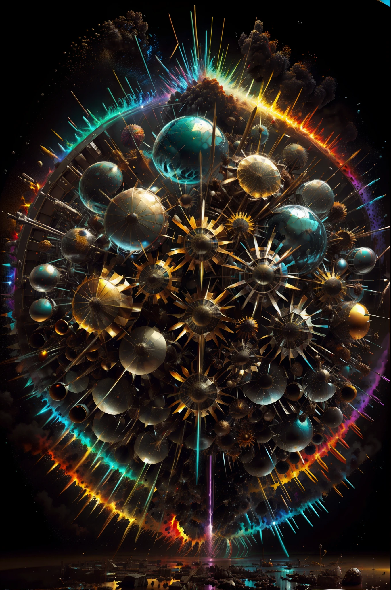 (cuenta regresiva, Explosion and take-off ),Arte de Alberto Severo, salpicaduras y gotas congeladas multicolores, dream, Pintura digital surrealista , brillos tornasolados, efectos 3D, Ultra HD, obra de arte magistral ,cinematic lighting,16k