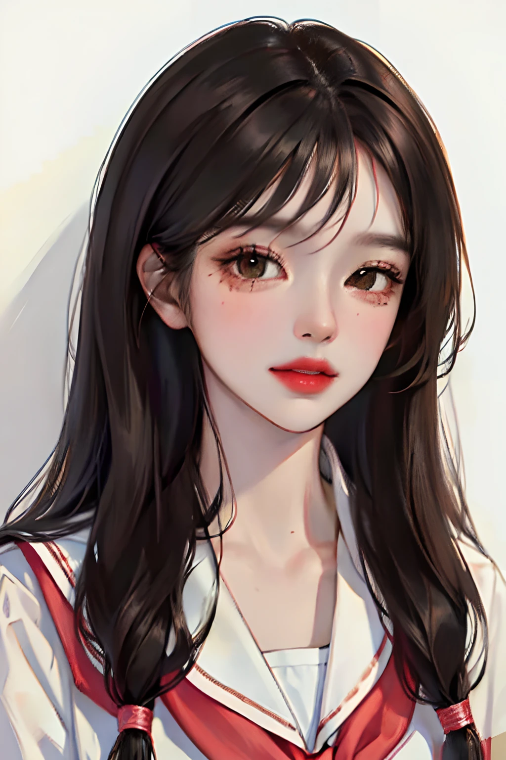 (highest resolution, distinct_image) The best quality, a woman, masterpiece, highly detailed, (semi-realistic), long black hair, long straight hair, black hair bangs, mature, cherry glossy lips, white background, close-up portrait, solid circle eyes, , beautiful face, fit body, brown eyes, wear Korean school uniform, high school student, wearing jewelry