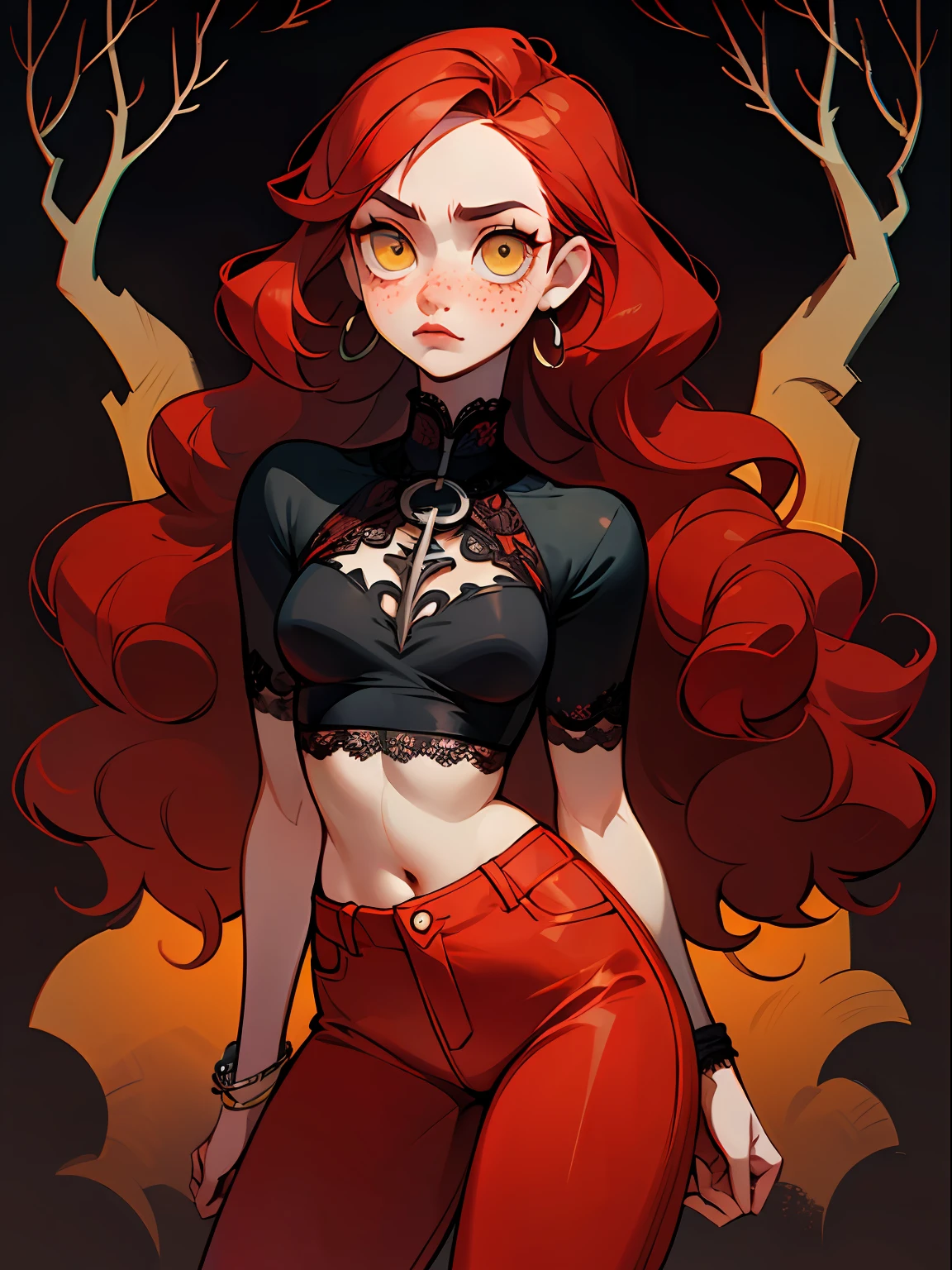 The girl is one, pale skin, freckles on her face, pouty lips, Yellow eyes, Long red hair, extra very long hair, the background is black, evil face, curly hair, chubby girl, waist-high, long earrings, A bracelet, tight red pants, Black Sky, overcast weather, dark forest background, red tight pants, black gothic-style top with lace