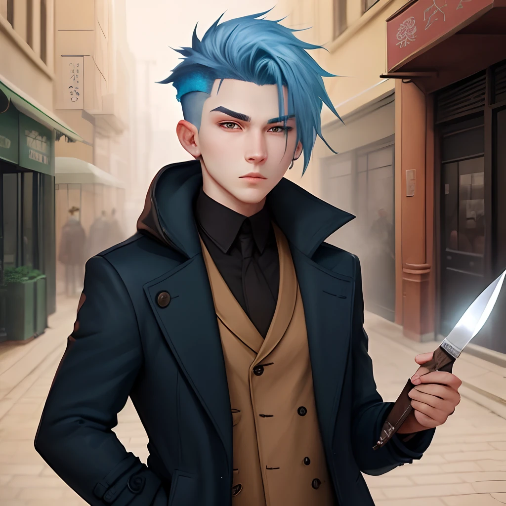 ember，Anime face，16 yaers old，Blue hair in an overcoat，A knife in the back