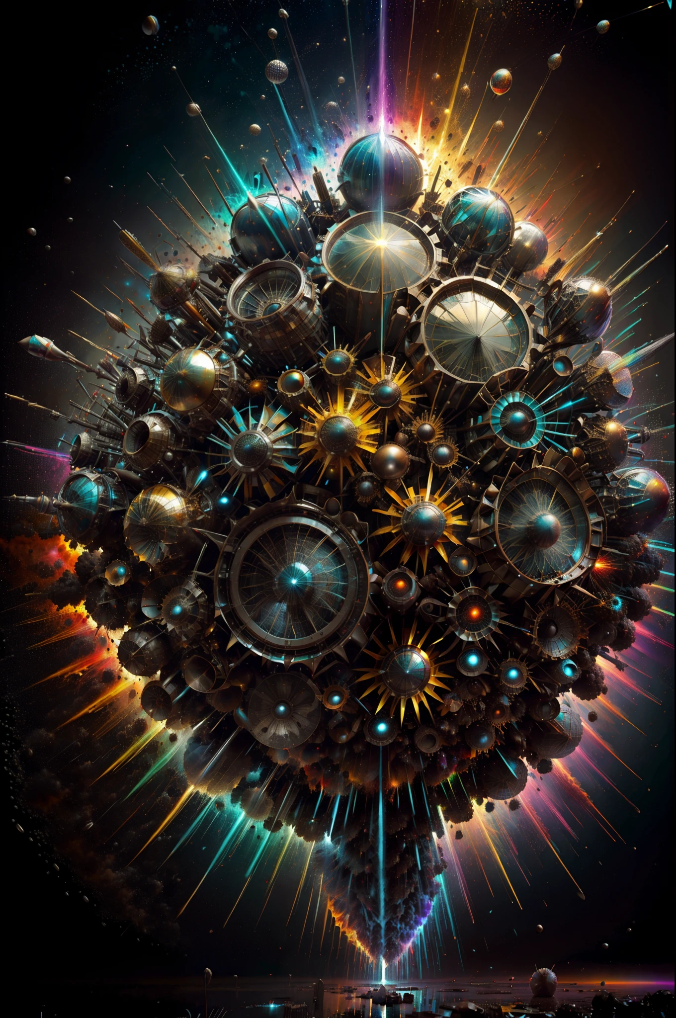 (cuenta regresiva, Explosion and take-off ),Arte de Alberto Severo, salpicaduras y gotas congeladas multicolores, dream, Pintura digital surrealista , brillos tornasolados, efectos 3D, Ultra HD, obra de arte magistral ,cinematic lighting,16k