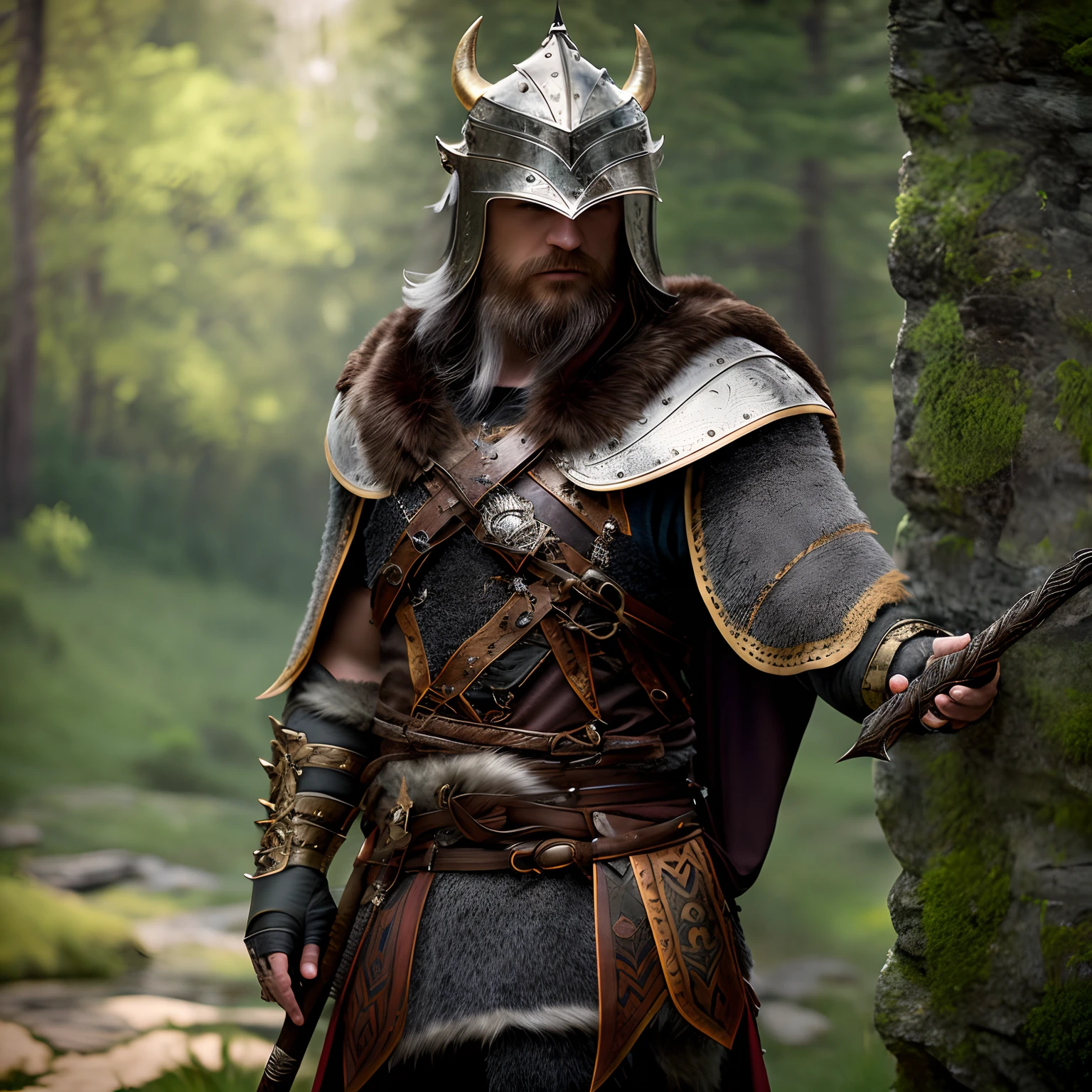 Long beard，mtu，ax，scyscraper，
Experienced hunter，
fur shawl，short  skirt，Horn helmet，Tattooed with，long cape，
Iron shoulder armor，
Viking warrior，
European style，Vintage style，
k hd，32K，
full bodyesbian，