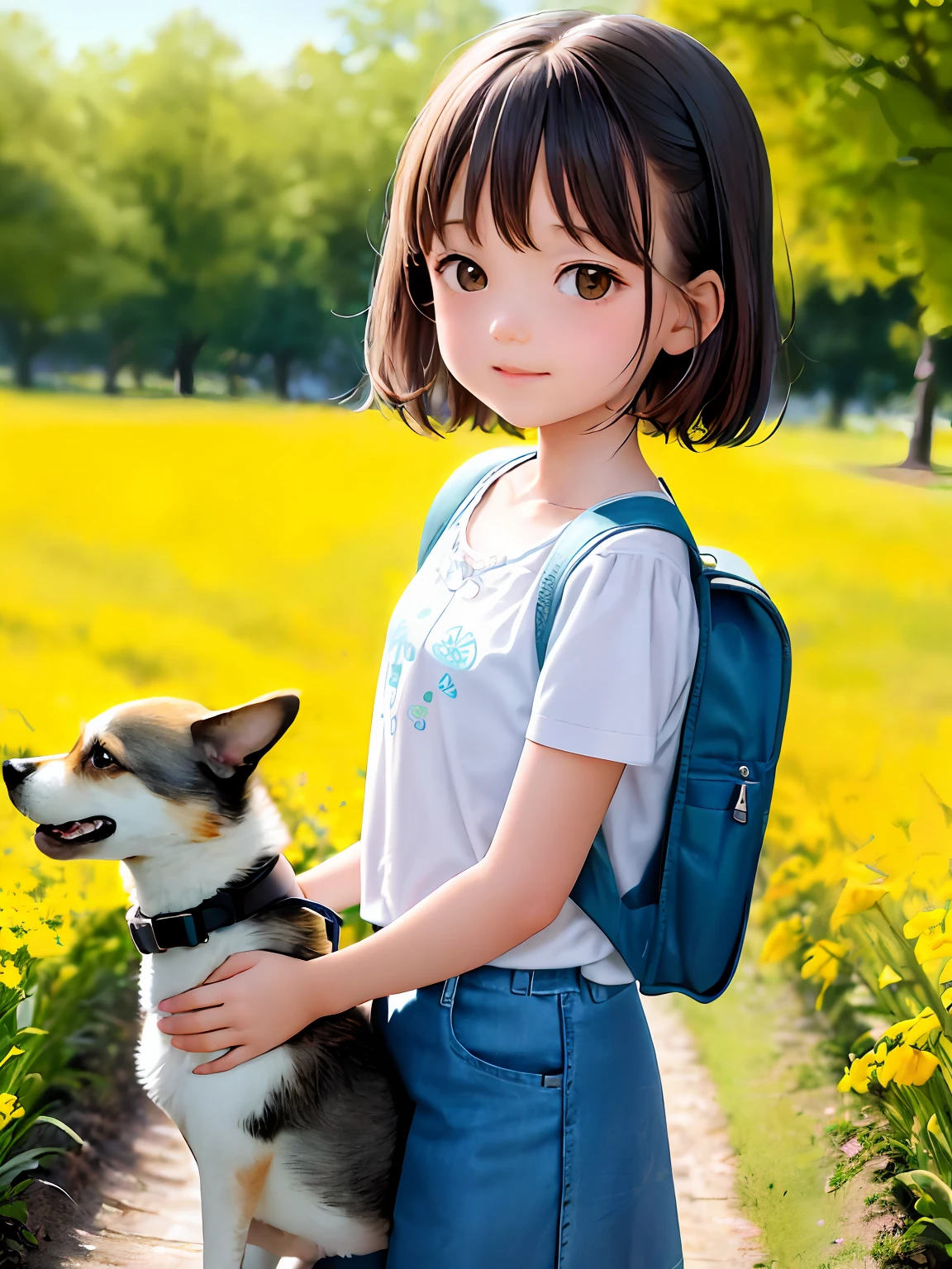 A very charming  girl with a backpack and her cute puppy enjoying a lovely spring outing surrounded by beautiful yellow flowers and nature. The illustration is a high-definition illustration in 4k resolution, featuring highly detailed facial features and cartoon-style visuals.