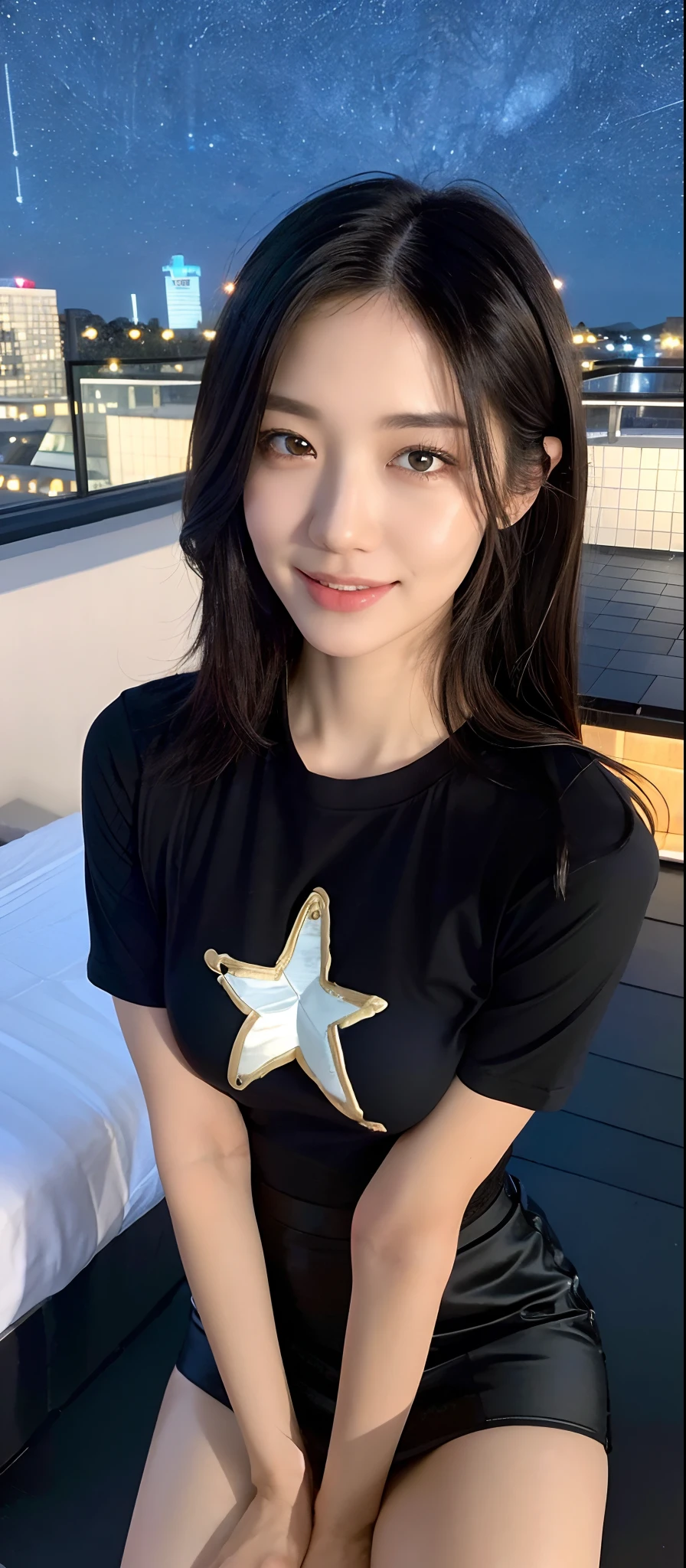 ((Best quality, 8k, Masterpiece :1.3)), Sharp focus, upper body, A pretty woman with perfect figure, slender thigh, big breast, ((black layered hairstyles)), (tight t-shirt, short skirt), (sitting), ((rooftop, starry night)), Highly detailed face and skin texture, Detailed eyes, Double eyelid, close up, smile