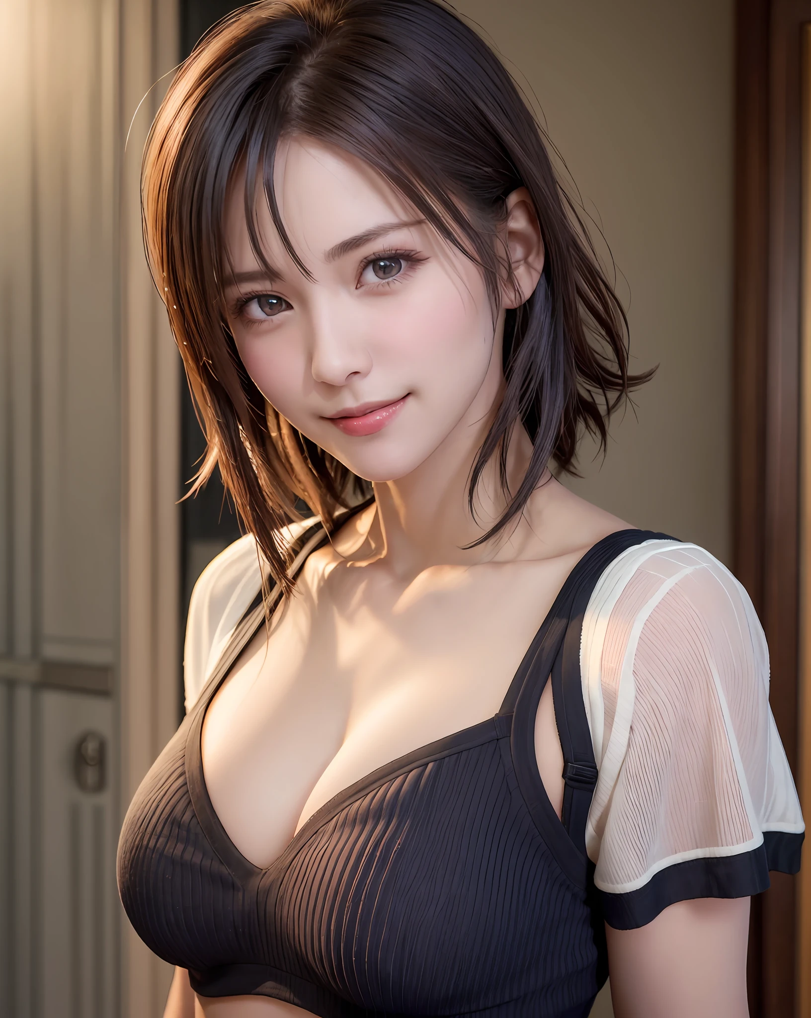 Best Quality, Ultra High Resolution, (Photorealistic: 1.4), Beautiful Eyes, Super Beautiful, Very Short Hair, Beautiful, Sweetheart, T-shirt with Rough Chest, Beautiful Soldier, Eyes That Invite Viewer, Lover's Perspective, Inviting Expression, y Smile, Perfect Style, Perfect Balance, Detailed Skin, Naughty Gaze, Chest Visible