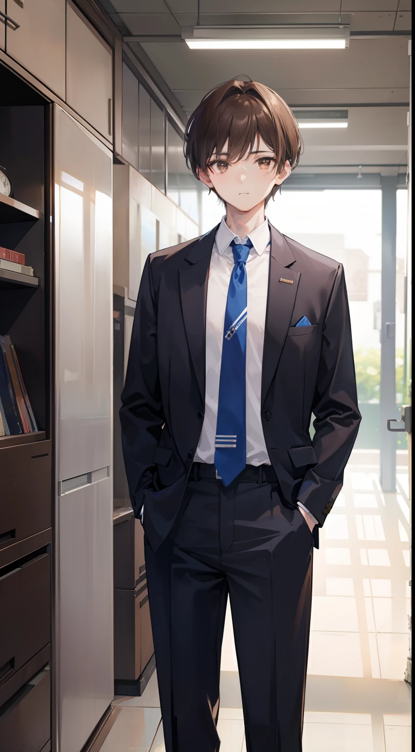 Brown-haired man、short-haired、Standing Picture、Facing the front、17 age、Brown eyes、High school students、Boys' High School Uniforms、Alone、 The shirt、slacks、blue tie、hight resolution、ultra-detailliert