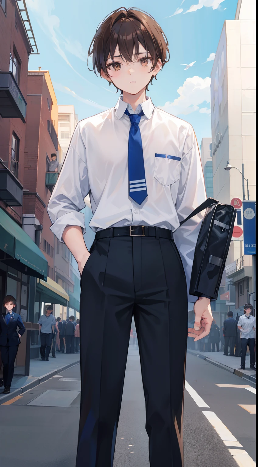 Brown-haired man、short-haired、Standing Picture、Facing the front、17 age、Brown eyes、High school students、Boys' High School Uniforms、Alone、 The shirt、slacks、blue tie、hight resolution、ultra-detailliert