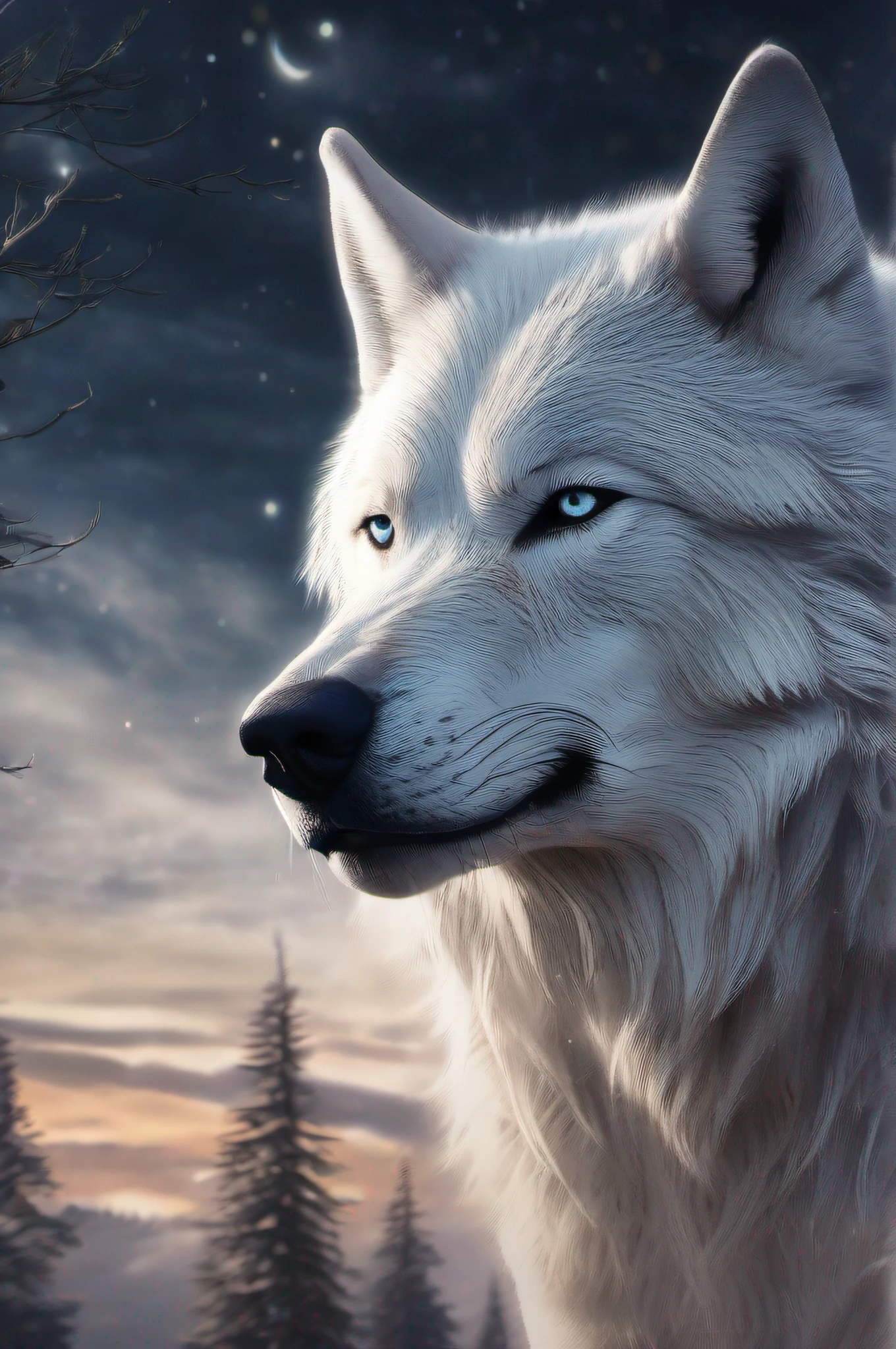 (Wolf God:Highly detailed CG wallpaper、Unparalleled artwork、Highest image quality、A unique and mysterious angle、Immersive experiences、Deep eyes、Wolf ears+fang+sharp talons:1.3、Mysterious night、Moonlight shines、Starry sky dots、Vast mountains、Dense woods、Howling in the wind、The release of mysterious powers)