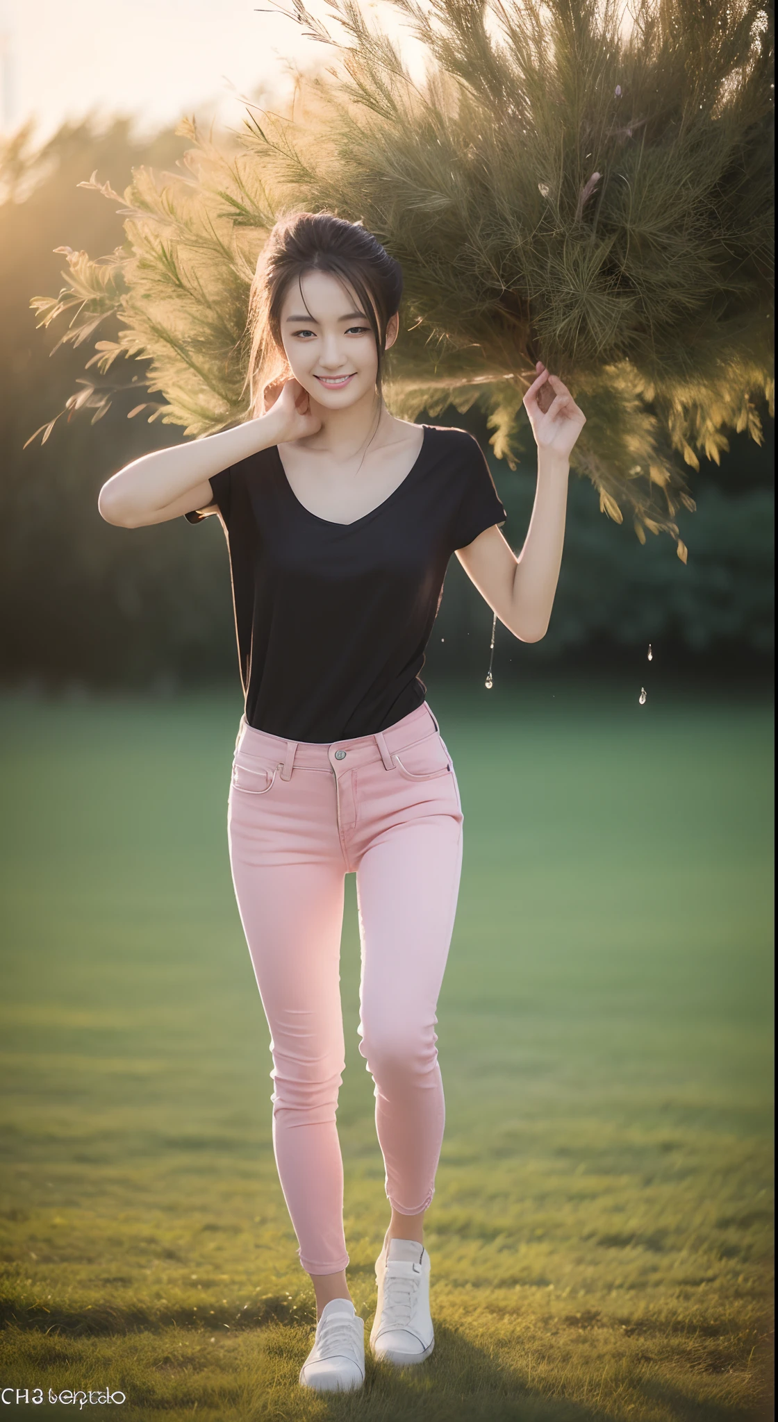 ((Best quality, 8K HD, Masterpiece: 1.3)),(Wet clothes: 1.1), (rain, grassy fields: 1.3), 1 beautiful woman taking pictures on the grass，RAW photos，tmasterpiece，（highdetailskin：1.2），8k ultra high definition，digital SLR camera，gentlesoftlighting，high high quality，filmgrain，富士XT3，20 years old Asian woman，Wear simple clothes，T-shirt and skinny jeans，Detailed clothing details:1.3，perfect body figure，Perfect breasts and nipple bulge，The legs are straight and slender，（（Branded stylish shoes:0.6）），Super detailed facial details and skin，Fair pink face and skin，The skin is pink，with light glowing，二重まぶた，Super detailed eyes，(Gloss on lips, eyeslashes, Glossy face, Best quality, Super high resolution, warm color，Wide lighting, naturalshadow), Sense of postural diversity, Full body shooting: 1.8