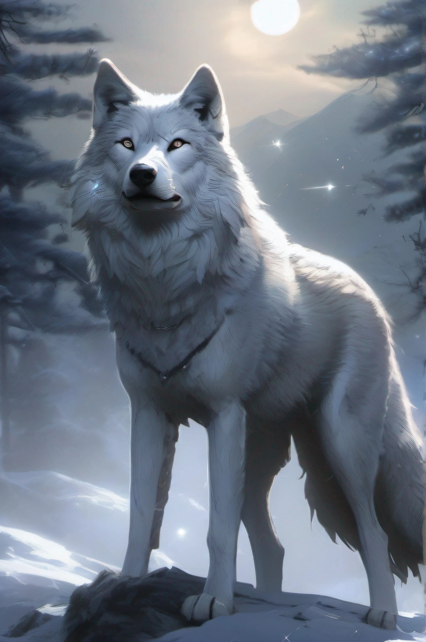 (Wolf God：Highly detailed CG wallpaper、Unparalleled artwork、Highest image quality、A unique and mysterious angle、Immersive experiences、Deep eyes、Wolf ears+fang+sharp talons:1.3、Mysterious night、Moonlight shines、Starry sky dots、Vast mountains、Dense woods、Howling in the wind、The release of mysterious powers)