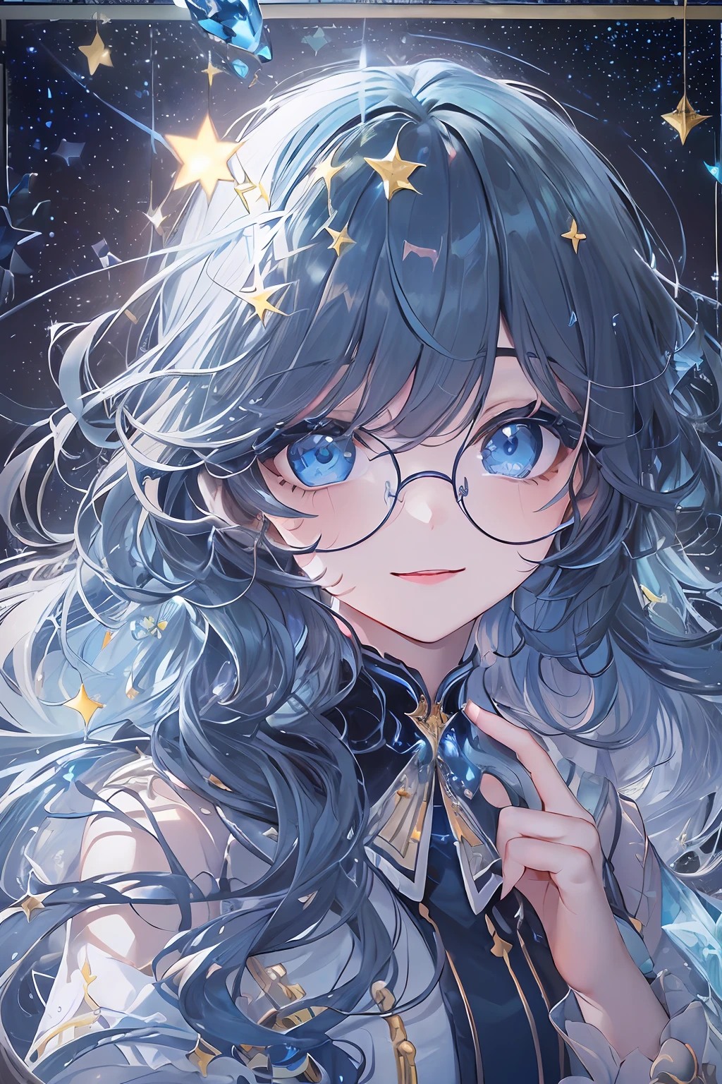 ((masterpiece、top-quality、Official art、Beautifully Aesthetic:1.2))、(the golden ratio:1.2)、(ultra-detailliert:1.3)、(1girl in:1.3)、(Fractal Art:1.3)、(Glitter pupils)、((Half dark blue、Half Blue:2))、(heterochromia iridis:Blue right eye and light blue left eye)、((A smile))、(Hyper-detailing), ((delicate detail)), (intricate detailes), ((ciinematic light, best quality backlight)), ((The best lighting, extremely delicate and beautiful)), (ray trace reflection、brilliance)、((glowing aura))、((Radiant hair))、((The ultra-detailliert))、((night sky full of stars))、(Shining eyes:1.5),(Crystal pupil:1.2),(Big eyes)、(Crystals in the eye:1.2),(Round glasses)、((High School Uniforms))