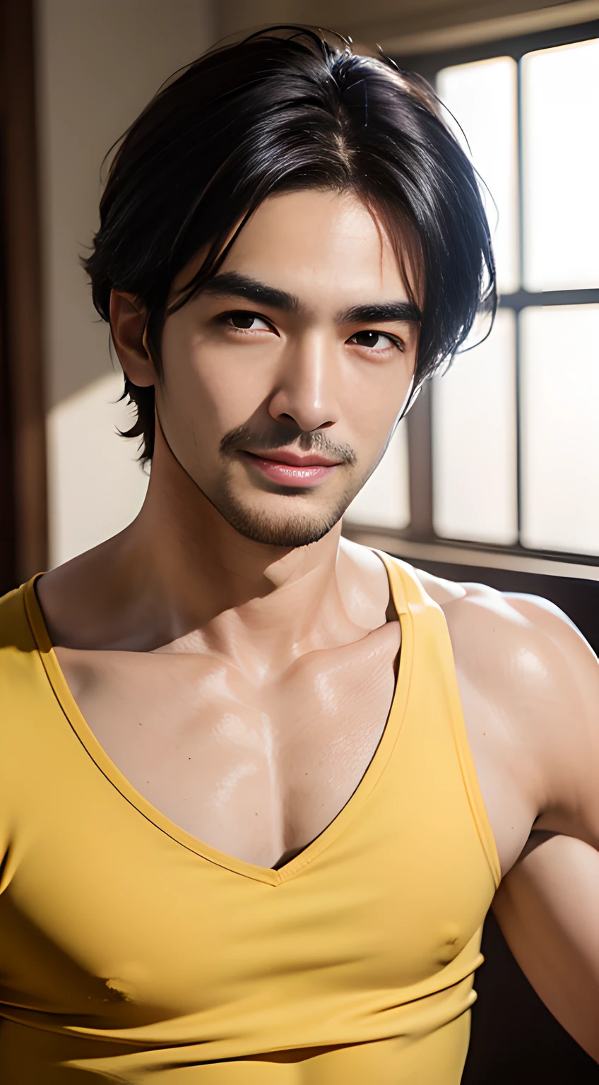 ((Men only)), (head shot), (face only), (tanned handsome muscular man in his 20s), (wearing a yellow dress shirt), (Takeshi Kaneshiro), (showing his abs), (Mischievous smile), (detaile: 1 in 1), Natural muscles, HIG quality, beautidful eyes, (Detailed face and eyes), (Face、: 1 / 2), Noise, Real Photographics、... ................................................................................................................PSD, Sharp Focus, High resolution 8K, realisitic & Professional Photography, 8K UHD, Soft lighting, High quality, Film grain, FujifilmXT3