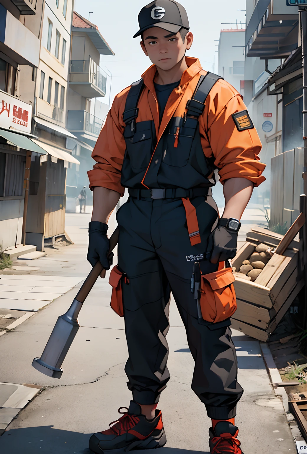 ​masterpiece, top-quality, ultra-detailliert, illustratio, 1 juvenile, Construction site workers,Carrying a hammer in one hand,male people,Niō Standing,Workwear,gloves,work shoes