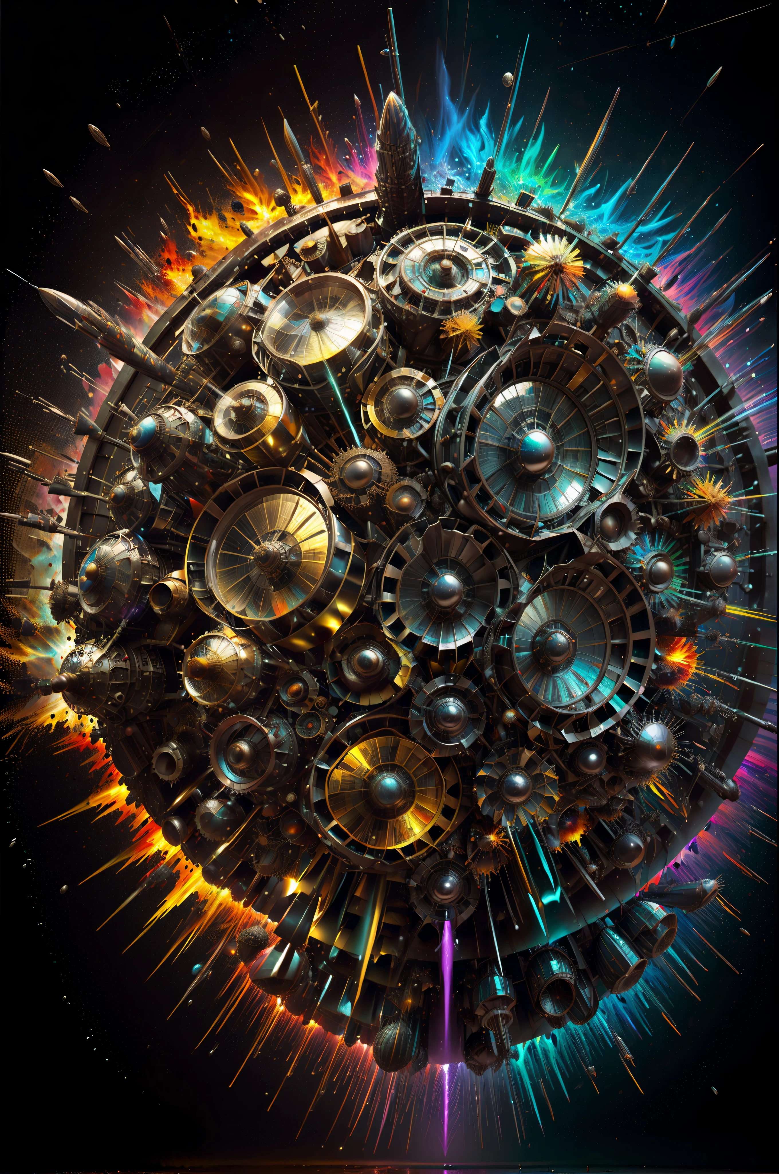 (cuenta regresiva, Explosion and take-off ),Arte de Alberto Severo, salpicaduras y gotas congeladas multicolores, dream, Pintura digital surrealista , brillos tornasolados, efectos 3D, Ultra HD, obra de arte magistral ,cinematic lighting,16k