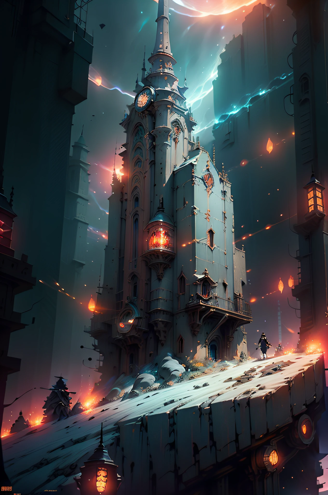 In steampunk style，Surreal sci-fi city，A starry sky full of fantasy，cold light，Cinematic effects，atmosphere lights，，Red particle effect，Particle light，Beautiful，8K epic composition，with high definition details, Metallic texture and tension composition,Hyper-realistic，Ultra photo realsisim，hyper-detailing、Super rich，unreal-engine，A high resolution